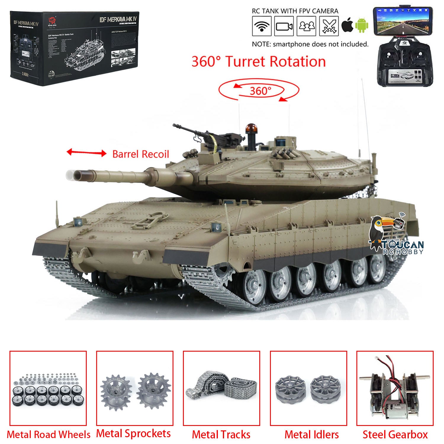 Heng Long 1/16 Scale Remote Control Tank - IDF Merkava MK IV Pro Edition with Metal Road Wheels & Tracks | FPV RC Military Vehicle for Adults & Collectors | Battle Simulation & Outdoor Play