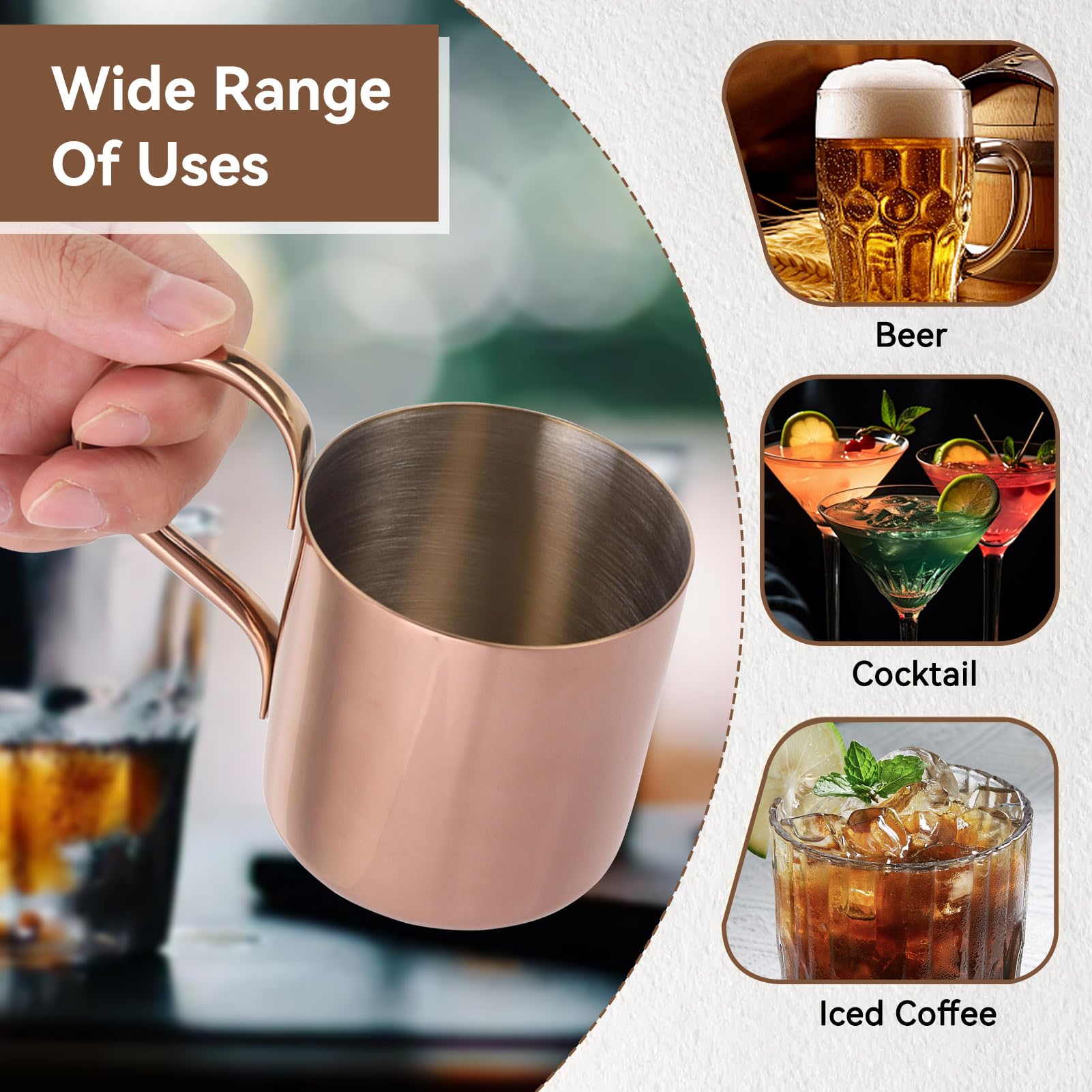 Premium 10oz Stainless Steel Moscow Mule Mugs Set of 2 - Copper Cocktail Cups for Moscow Mule, Beer, Wine & Coffee | Rose Gold Barware for Home, Parties & Gifts | Ideal for Cocktails, Iced Drinks & Entertaining