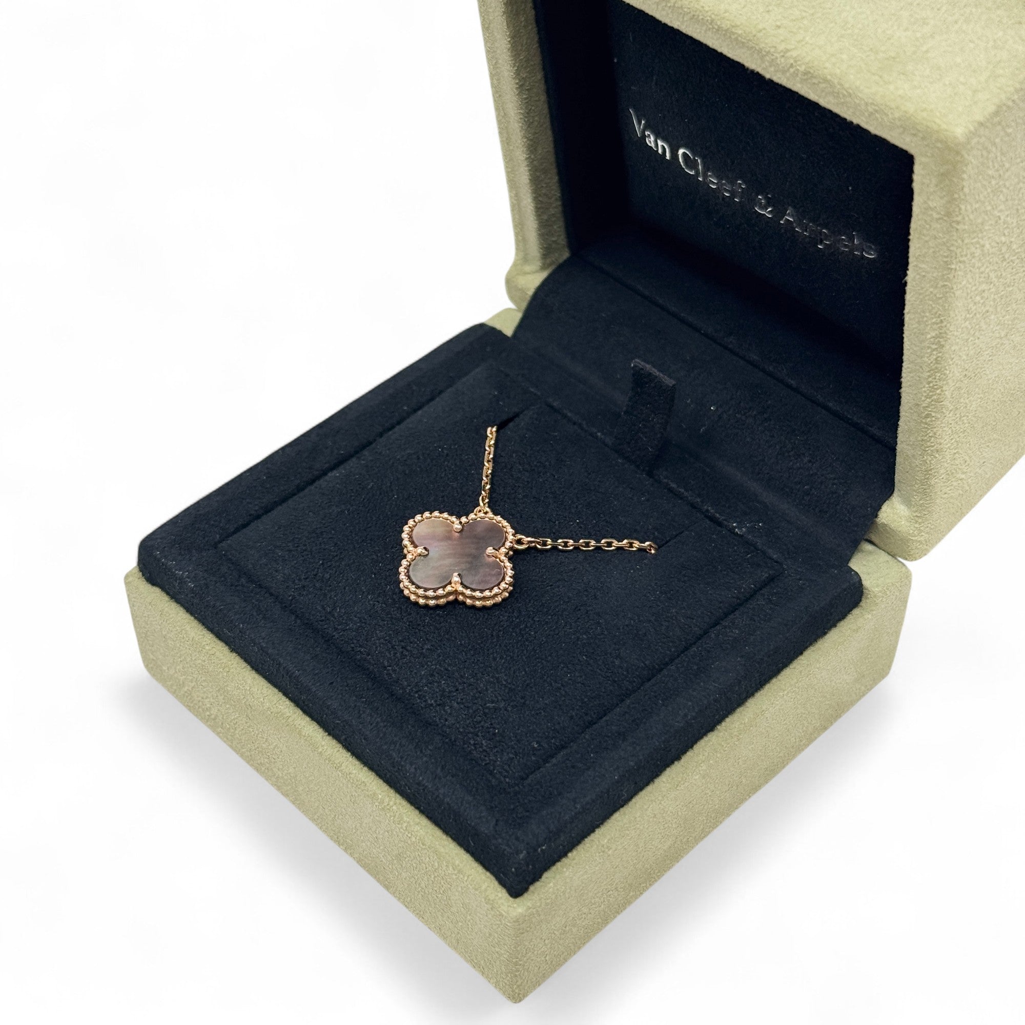 Van Cleef & Arpels Grey Mother of Pearl Vintage Alhambra Pendant Necklace - Elegant Jewelry Gift for Women, Perfect for Weddings & Special Occasions