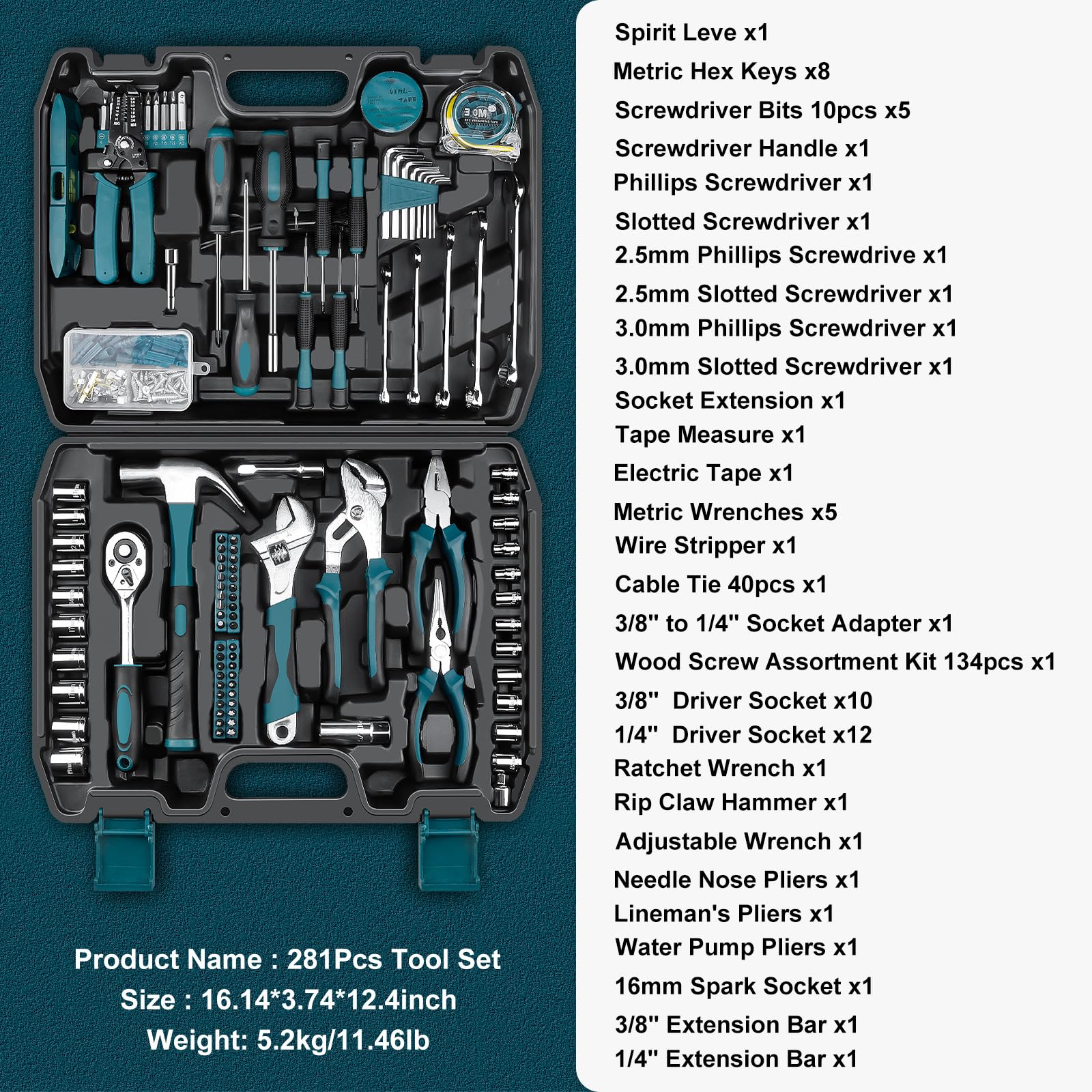 SUNDPEY 281-Piece Home Tool Kit - Complete Portable Repair Tool Set with Socket Wrench, Screwdrivers, Pliers, Hex Keys & Toolbox - Perfect for DIY, Home Maintenance & Auto Repairs