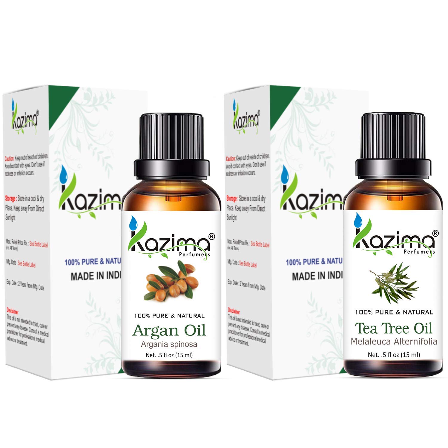 KAZIMA Moroccan Argan Oil & Tea Tree Oil Combo - 100% Pure Undiluted Essential Oils for Acne Treatment, Hair Growth, Dandruff Control, Scalp Care & Skin Moisturizer - 15ml Each - Perfect for Face, Hair & Body Care Routine