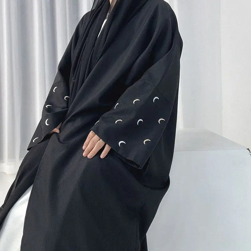 Moon Embroidery Cardigan Open Abaya Dress - Elegant Muslim Women's Outerwear for Prayer, Wedding & Special Occasions
