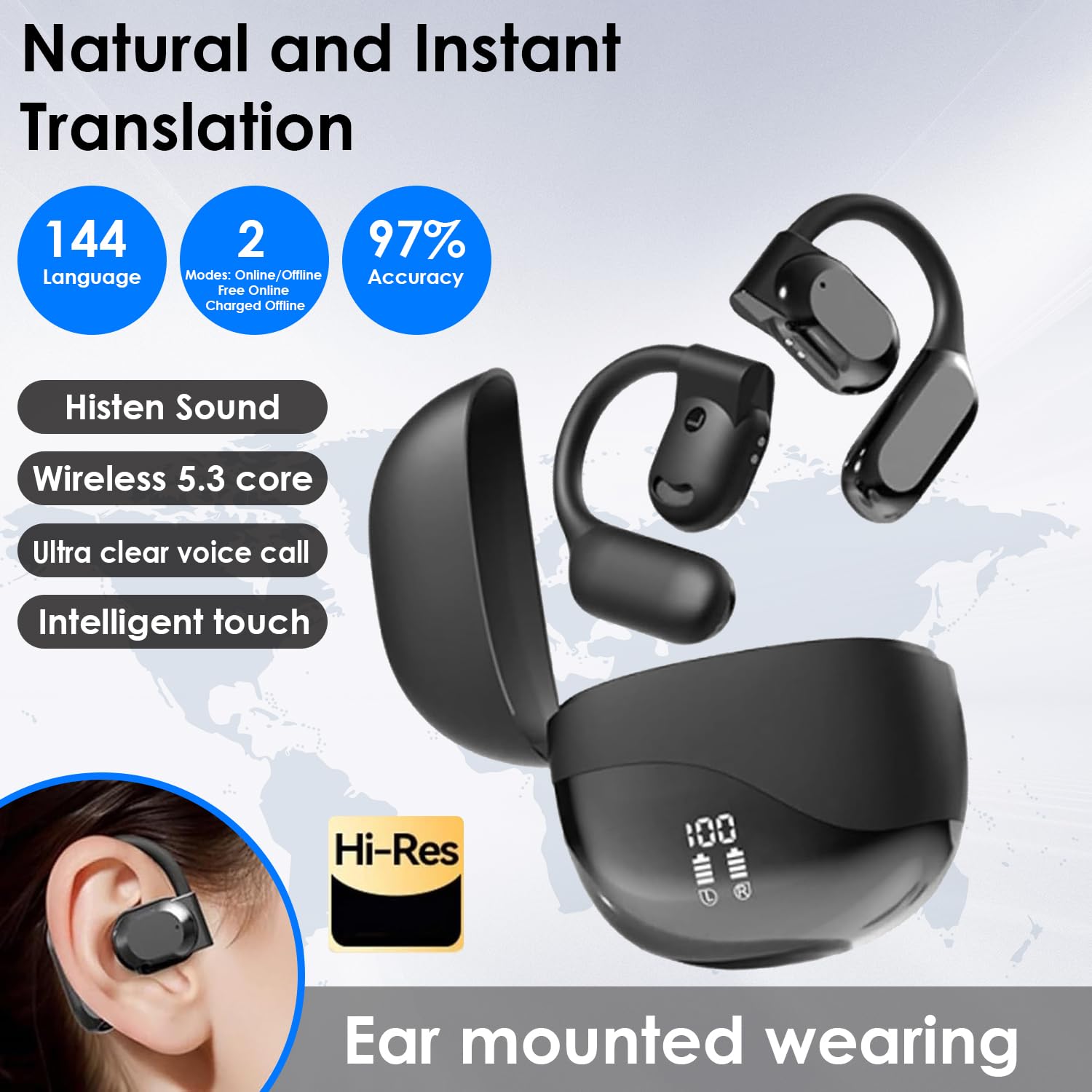 AI Language Translator Earbuds - Real-Time 144 Language Translation for Travel, Business & Learning | Wireless Bluetooth Earbuds for Android & iOS | Perfect for International Meetings, Study Abroad & Global Travel (Black)