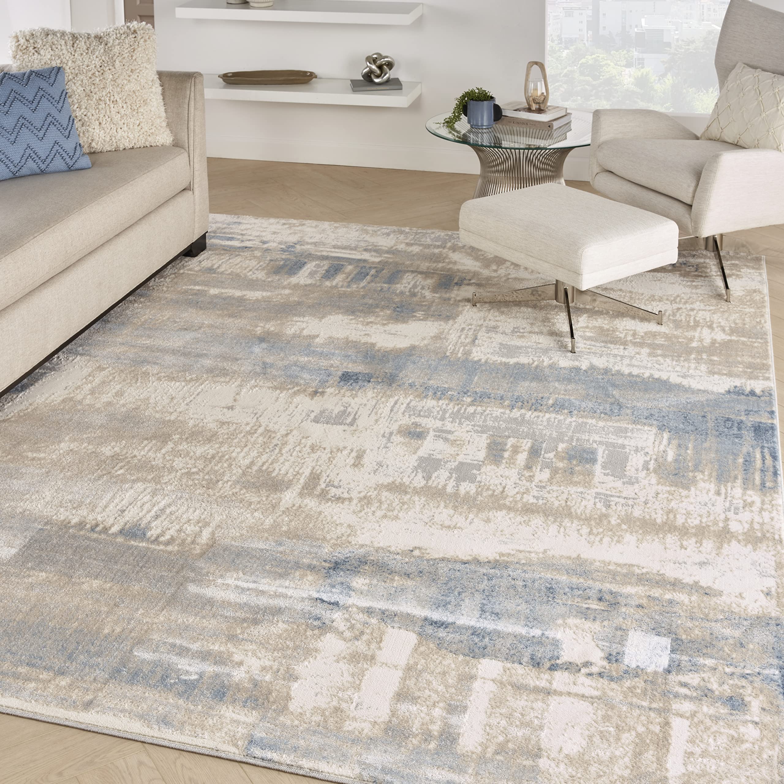 Nourison Solace Abstract Ivory Grey Blue 8x10 Area Rug - Easy Clean, Non-Shedding, Stain Resistant for Bedroom, Living Room, Dining Room & Kitchen | Soft Comfort Underfoot for Home Decor & High Traffic Areas