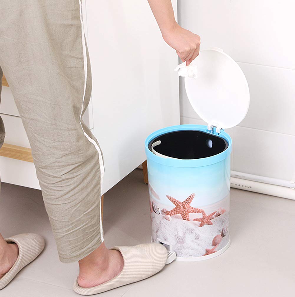 Hflove 6.5L/9L Pedal Trash Can with Lid - Creative 3D Pattern Round Garbage Bin for Bathroom, Kitchen & Office - Blue Home Waste Basket (6.5L) - Hands-Free Operation, Odor Control & Space Saving Design