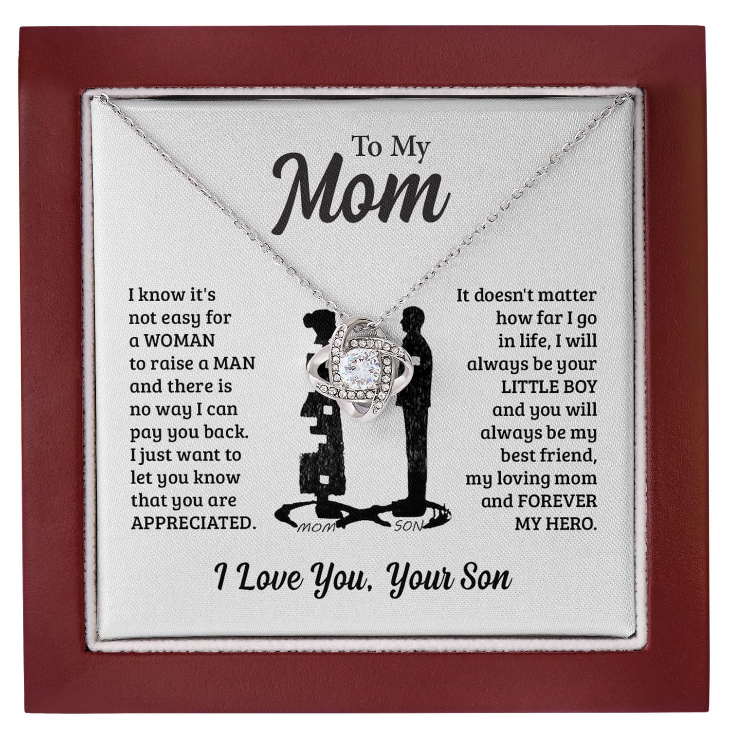 Meaningful Mother's Day Necklace Gift for Mom from Son - Heartfelt Message Pendant Jewelry in Elegant Gift Box | Birthday, Christmas & Special Occasion Present for Mother