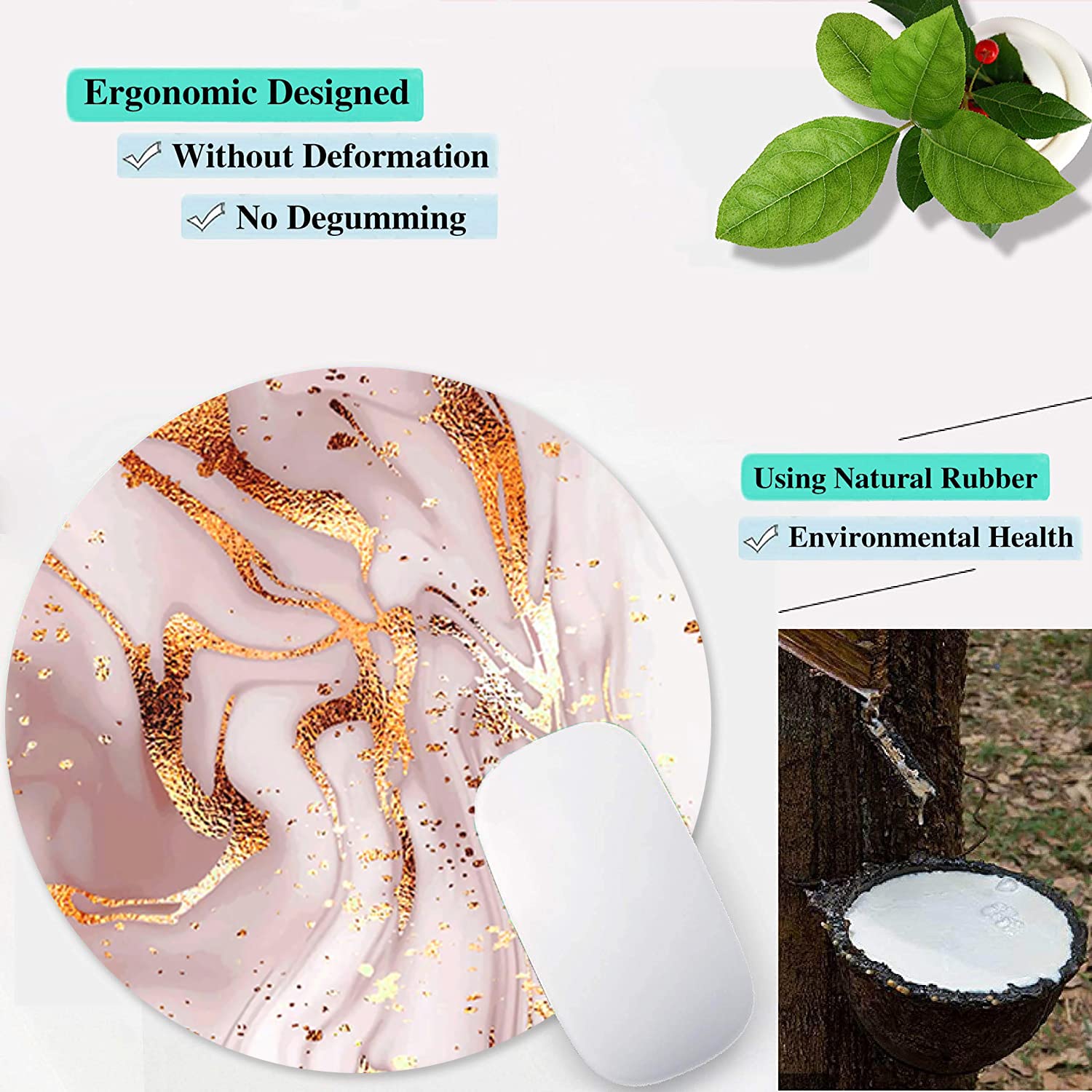 Elegant Marble Mouse Pad with Non-Slip Rubber Base - Round Rose Gold Wireless Mouse Mat for Laptop & Office - Portable Custom Small Mousepad with Stylish Designs for Home, Work & Gaming Setups