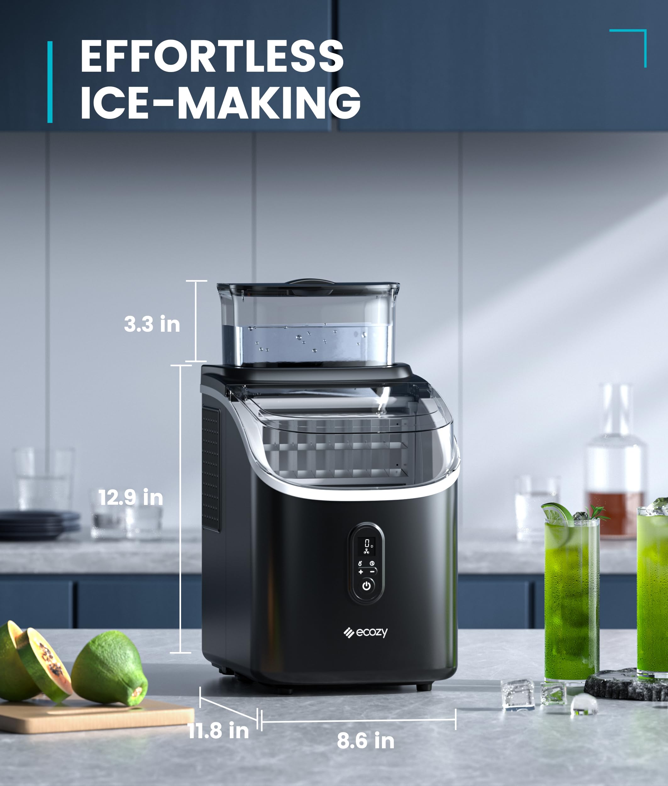 Ecozy Countertop Ice Maker Machine - 33lbs Daily Output, Self-Cleaning Portable Ice Cube Maker with 1.5L External Water Tank for Home, Office, Party & Bar - Perfect for Cocktails, Beverages & Outdoor Gatherings