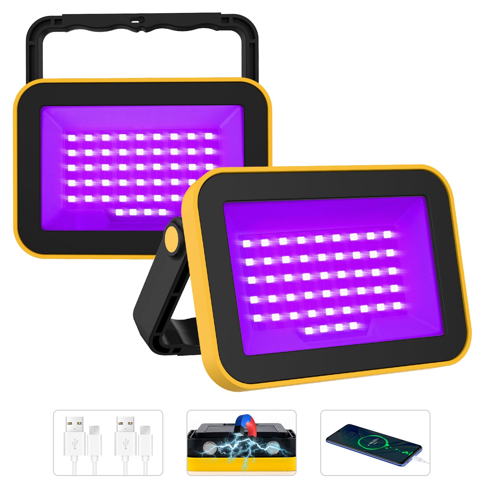 T-SUN Rechargeable LED Black Lights - 2 Pack Battery Powered UV Blacklight Flashlights for Glow in The Dark, Neon Paint, Body Art & Indoor Decor | Perfect for Halloween Parties, Stage Lighting & Home Decoration