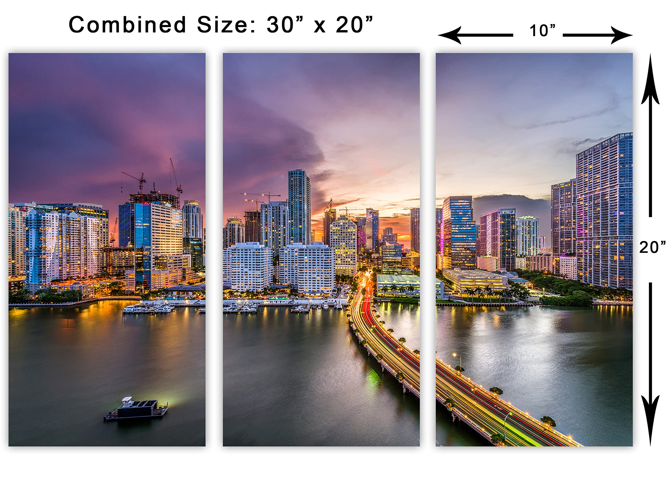30x20 Miami Florida Skyline Wall Art Canvas Print - 3 Panel Split Triptych for Home Decor, Living Room & Office Wall Decor | Modern Cityscape Painting for House & Apartment