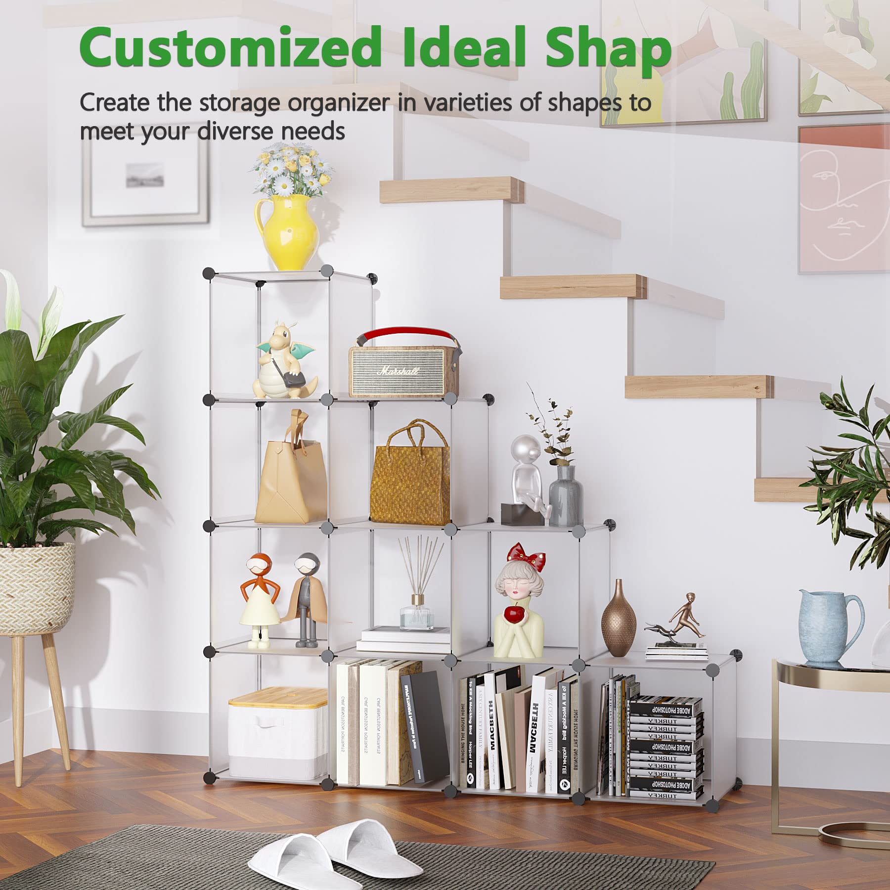 12-Cube Storage Organizer Shelf - Modular Plastic Stackable Bookshelf & Closet Cabinet Organizer (36.6