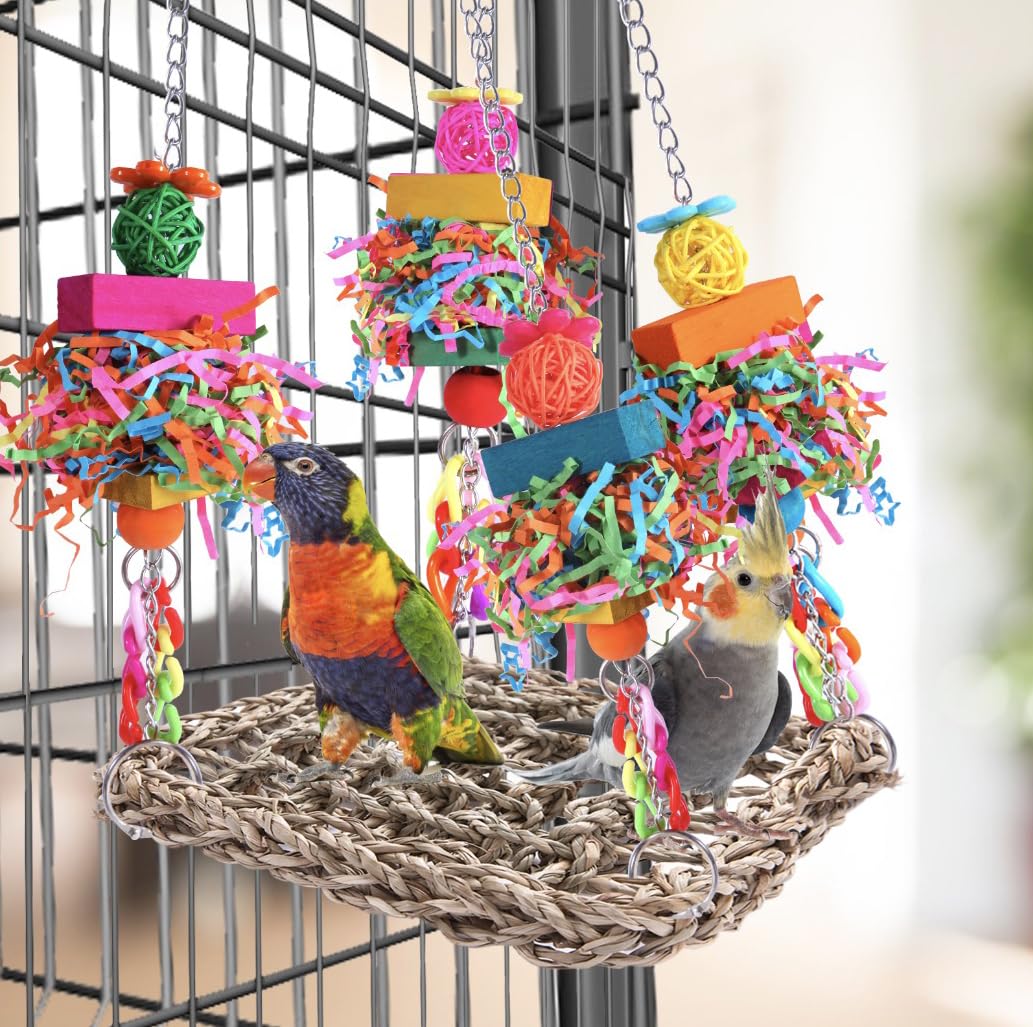 Parakeet Toys for Small Birds - Seagrass Woven Hammock Swing & Foraging Wall for Lovebirds, Cockatiel, Budgie - Bird Cage Accessories for Play & Relaxation - Perfect for Bird Cages, Aviaries & Pet Play Areas
