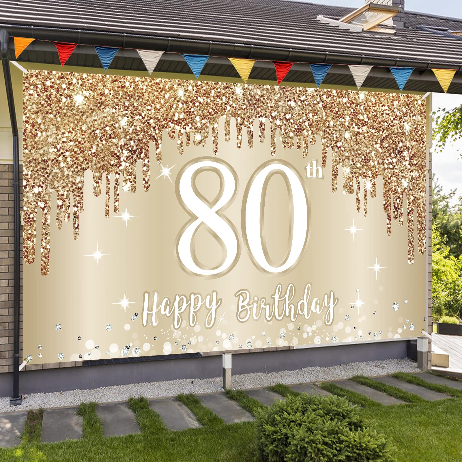 Elegant Gold & White 80th Birthday Banner Backdrop - 72.8x43.3 Inch Photo Booth Background for Women's Milestone Celebration - Perfect for Party Decorations, Signage & Memorable Photo Ops
