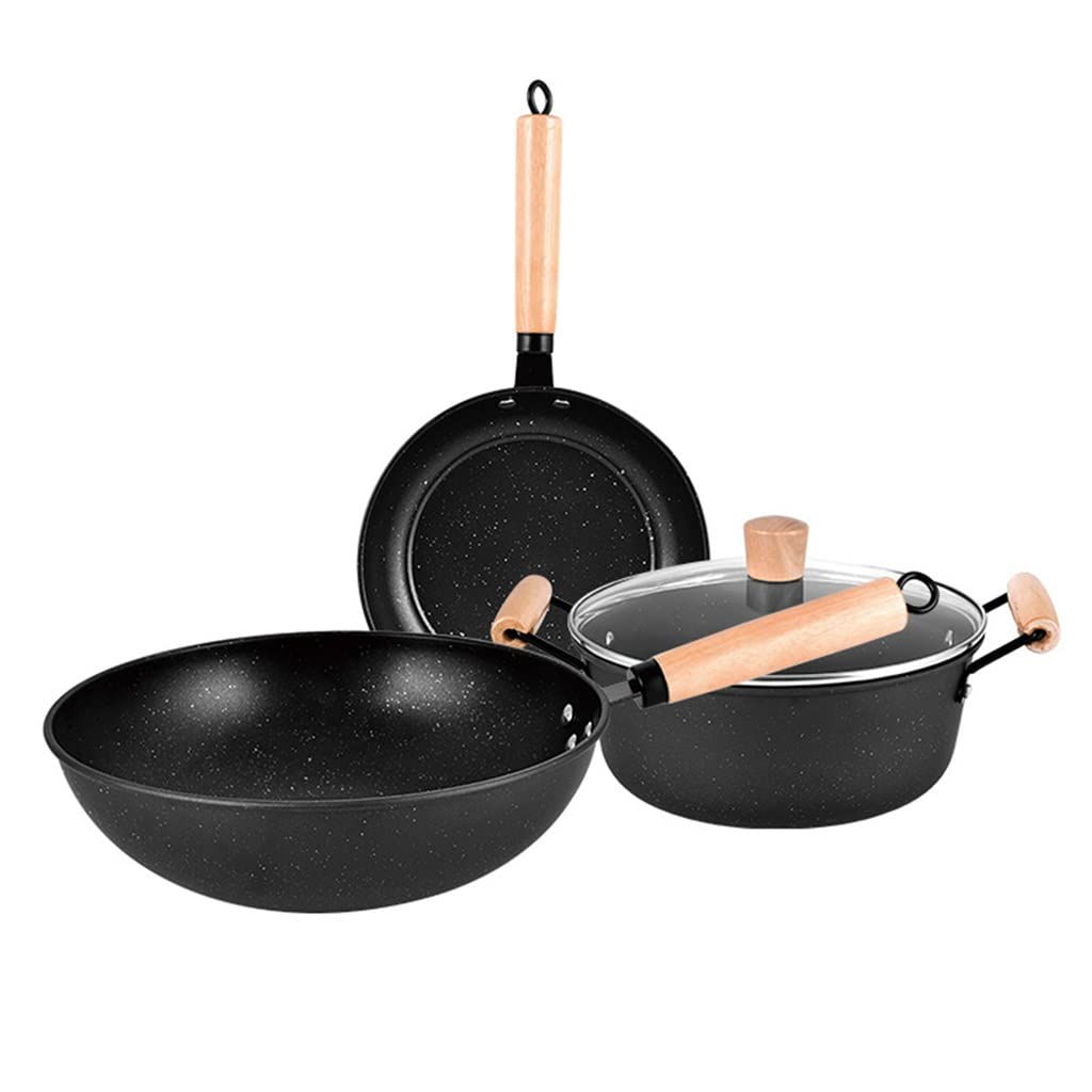 3PCS Nonstick Maifan Stone Cookware Set - Wok, Frying Pan & Saucepan with Lids - Healthy Kitchen Cooking Tools for Stir Fry, Sauté & Boiling | Perfect for Home Chefs & Everyday Meals