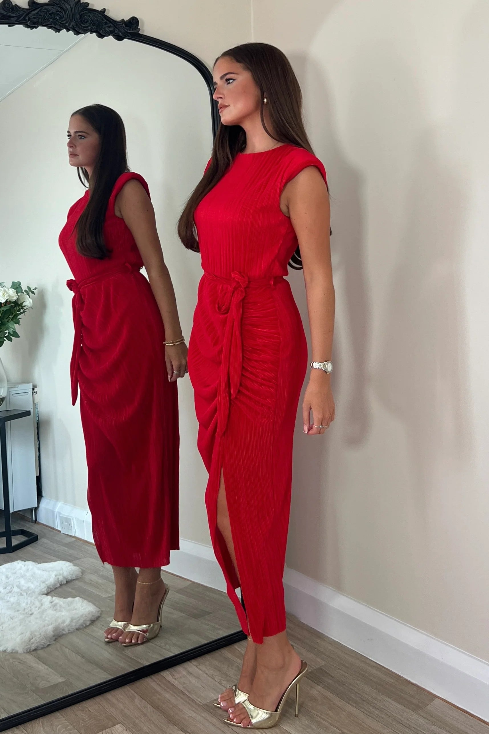 Elena Ruched Seamed Midi Dress for Women - Flattering Bodycon Cocktail Party Dress in Red | Perfect for Date Night, Wedding Guest & Special Occasions