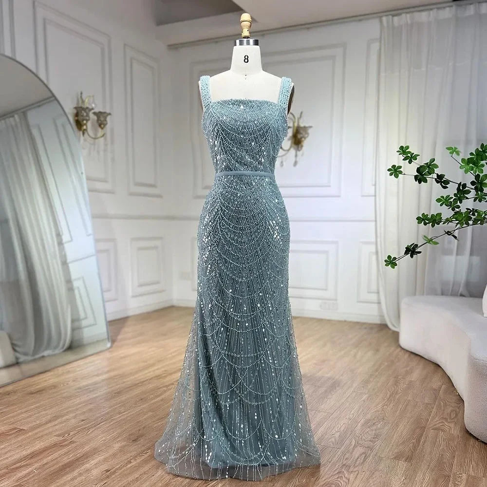 Serene Hill Turquoise Mermaid Beaded Pearls Spaghetti Strap Floor Length Evening Gown - Women's Formal Party Dress for Prom, Wedding, Gala & Special Occasions 2025 LA72032C