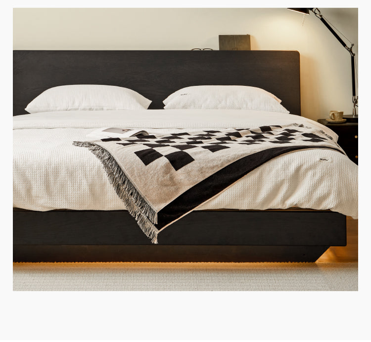 Solid Oak Wood Floating Platform Bed with LED Lights - Modern Smoky Finish for Bedroom, Guest Room, or Studio Apartment
