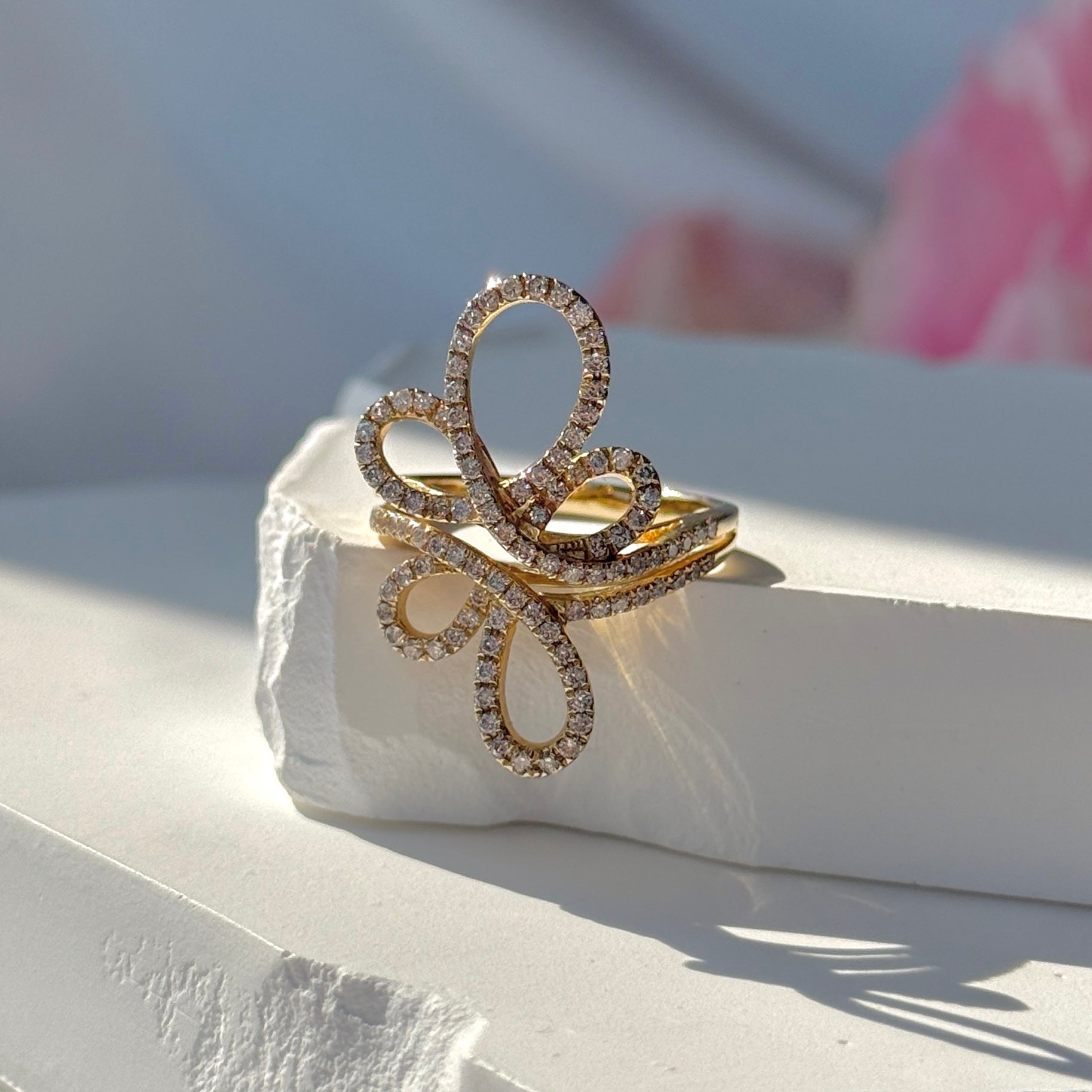 Abstract Diamond Flower Cocktail Ring in 14K Solid Yellow Gold - Elegant Statement Jewelry for Parties, Weddings & Special Occasions