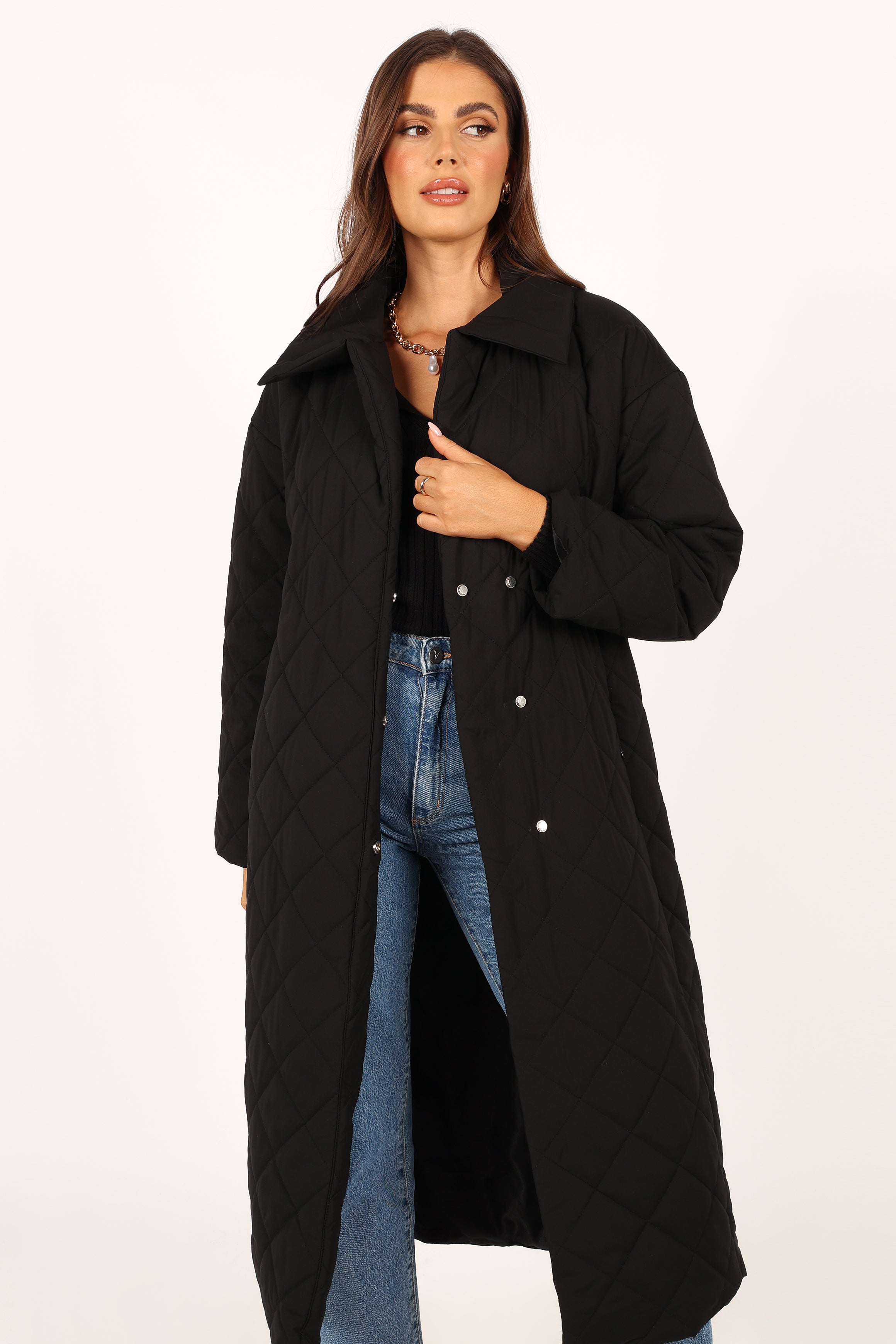 Kallie Quilted Tie Front Coat - Women's Black Winter Jacket for Casual Outings & Office Wear