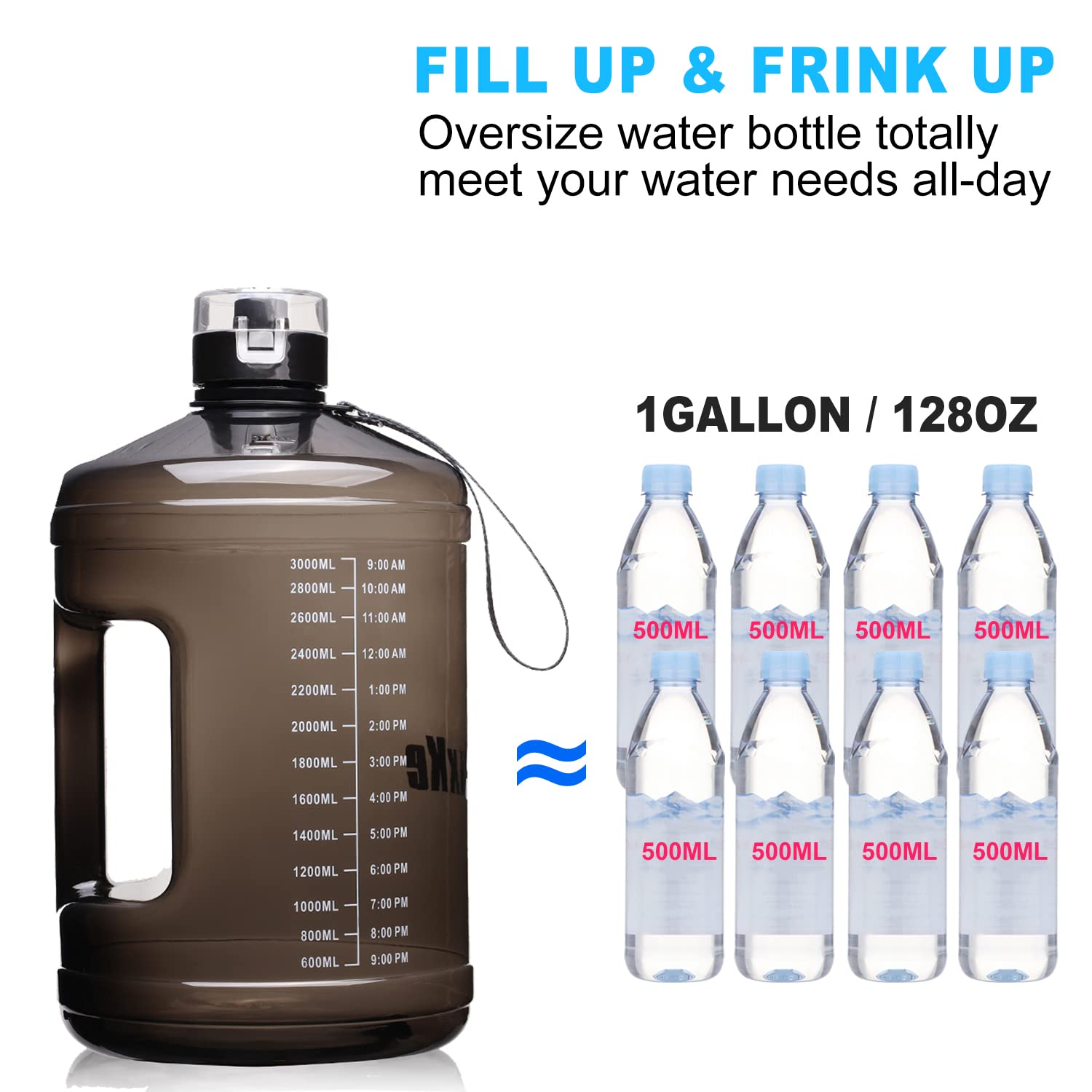 128oz Leakproof BPA Free Water Bottle with Handle - Motivational Time Marker for Fitness & Sports Hydration