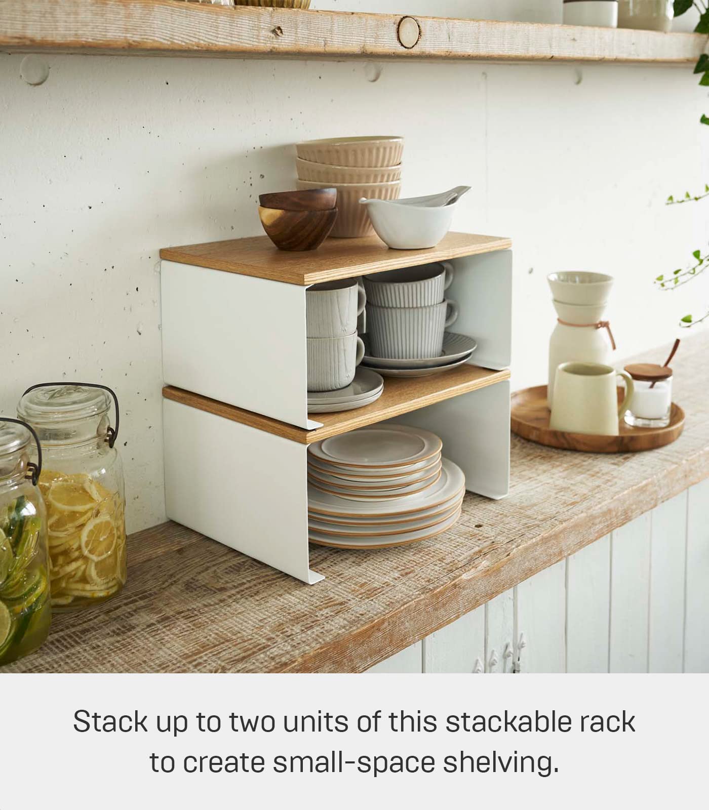 Yamazaki Home Wood-Top Stackable Kitchen Rack - Modern Counter Shelf Organizer with Steel Frame & Wood Top, Large, White - Perfect for Pantry, Spice, and Utensil Storage in Small Kitchens