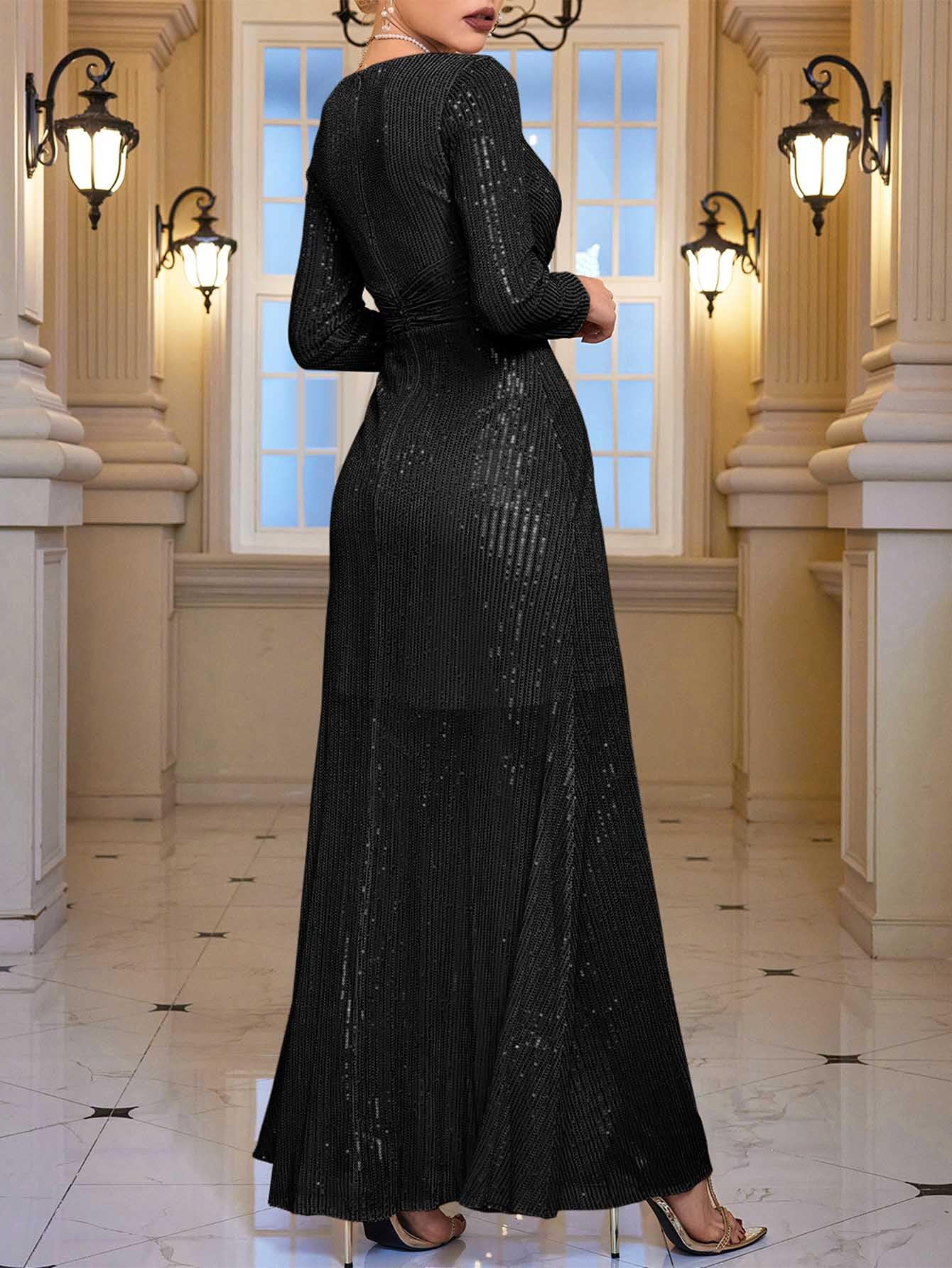 Meilun Women's Long Sleeve Sequin Formal Gown - Sparkly V-Neck Maxi Dress for Evening Parties, Prom, Wedding & Special Occasions