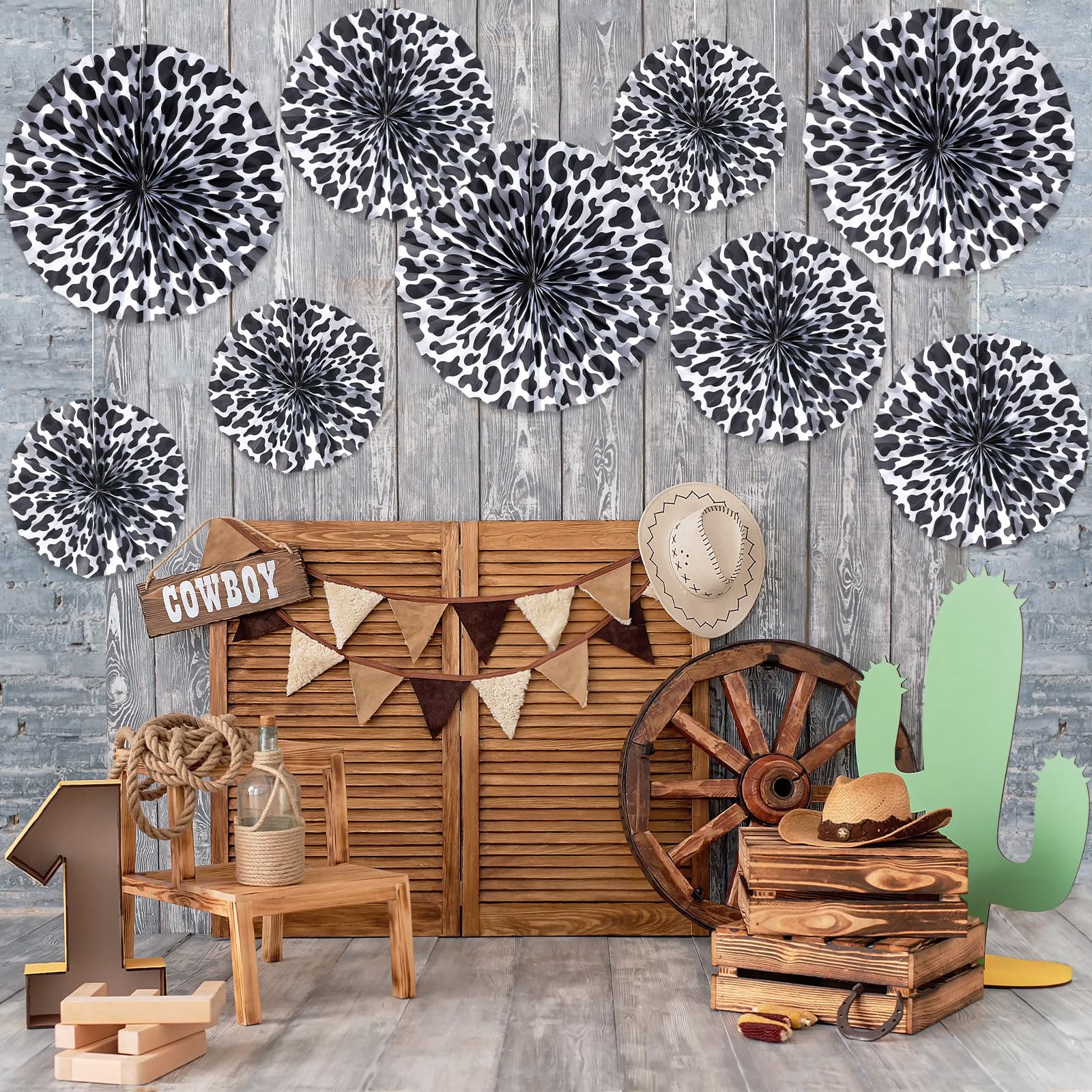 Outus 9-Piece Cow Print Paper Fans - Farm Animal Classroom Decor, Dalmatian Print Party Supplies for Western Birthday & Baby Shower (Black & White) | Perfect for Farm Theme Parties, School Events & Nursery Decorations