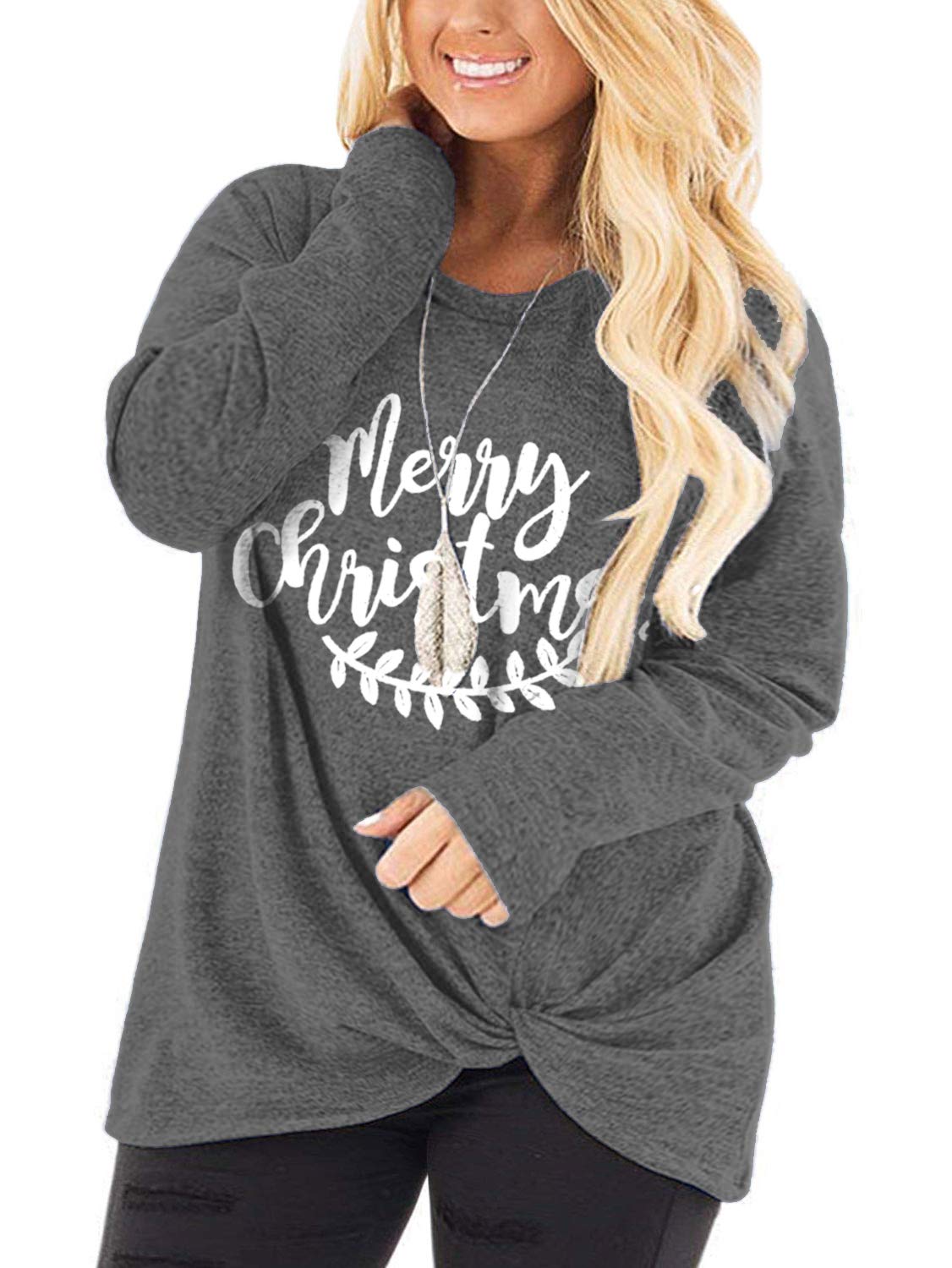DOLNINE Women's Plus Size Knotted Long Sleeve T-Shirt - Loose Casual Blouse for Everyday Wear, Work & Date Night Outfits