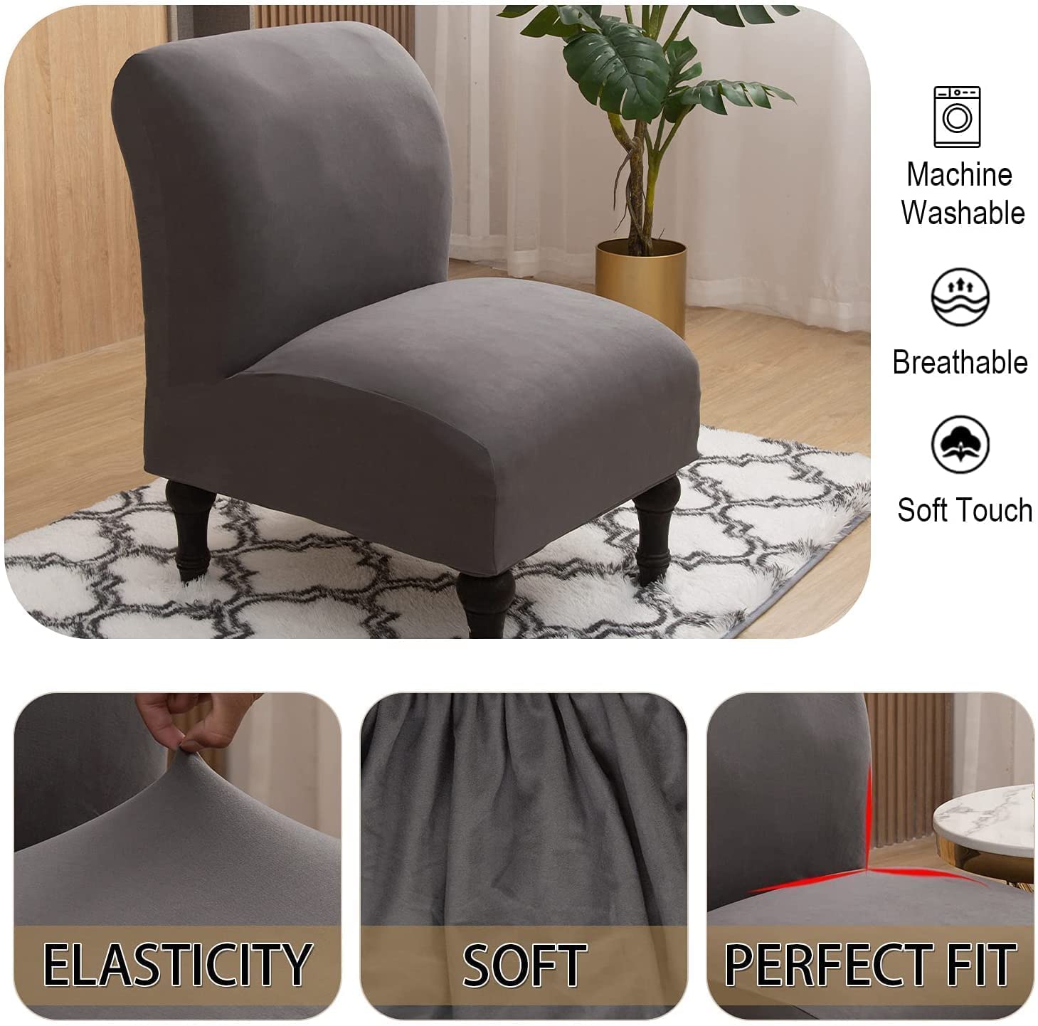 Velvet Slipper Chair Cover - Stretch Spandex Armless Accent Chair Slipcover - Washable Furniture Protector for Home & Hotel - Perfect for Living Room, Bedroom, and Office Decor