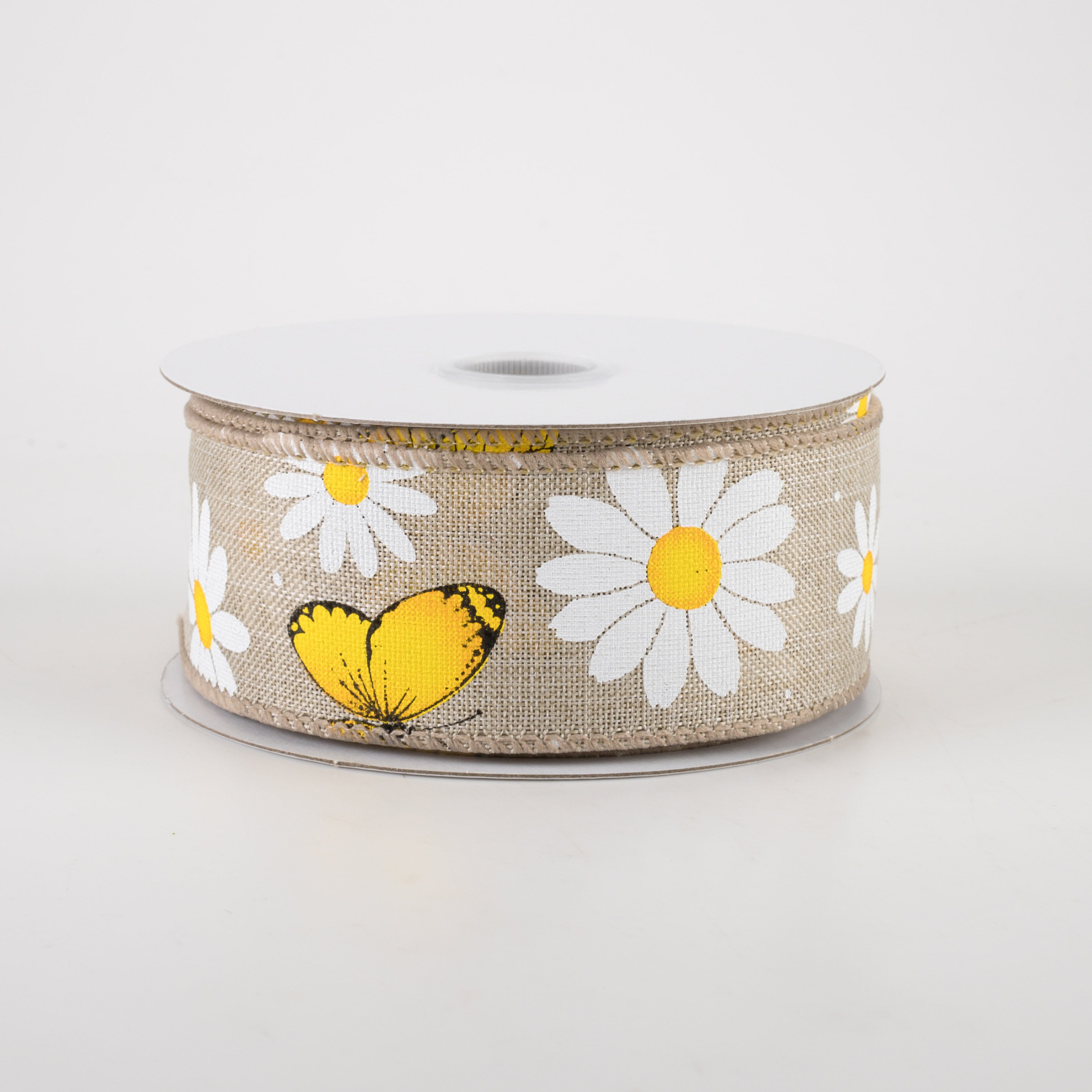 1.5 Inch Daisies & Butterflies Linen Ribbon - Natural Cotton Craft Ribbon (10 Yards) for DIY Scrapbooking, Gift Wrapping & Wedding Decorations