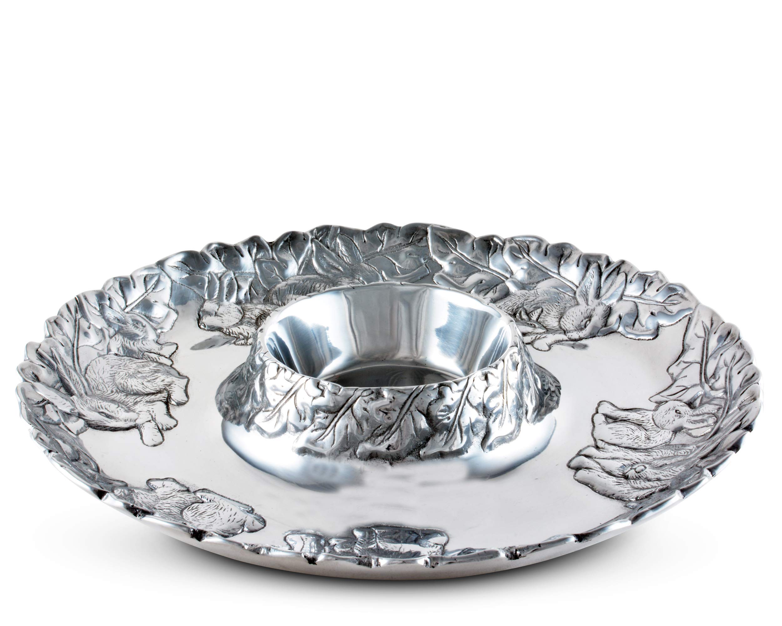 Arthur Court Designs 14-inch Aluminum Bunny Pattern Easter Chip and Dip Platter – Hand-Polished Sand Casted Metal Serving Tray, Tarnish-Free Artisan Quality – Perfect for Easter Celebrations, Holiday Parties & Spring Gatherings