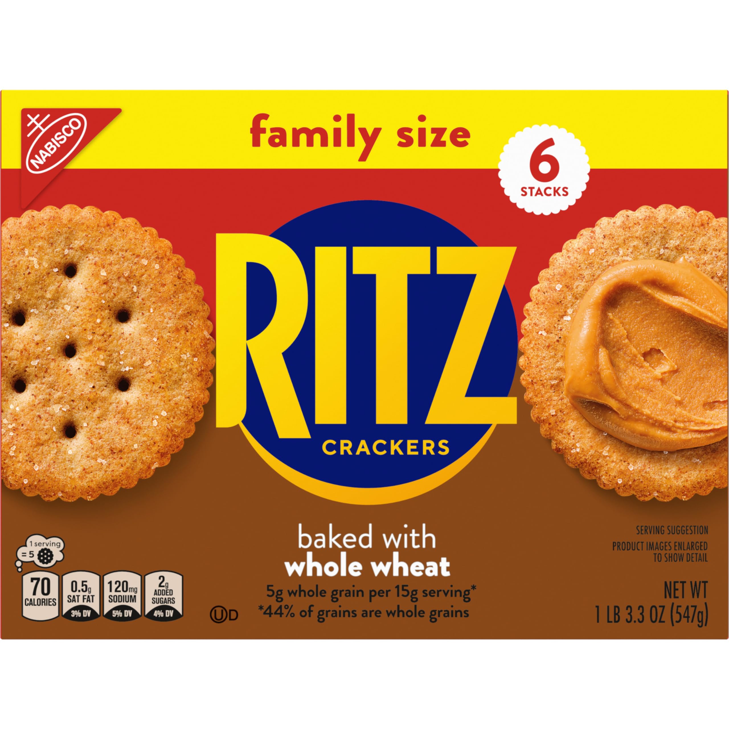 RITZ Whole Wheat Crackers - Healthy Snacks for Kids & Adults - Bulk Family Size (6-19.3 oz) - Perfect for School Lunches, Office Snacks & Picnics
