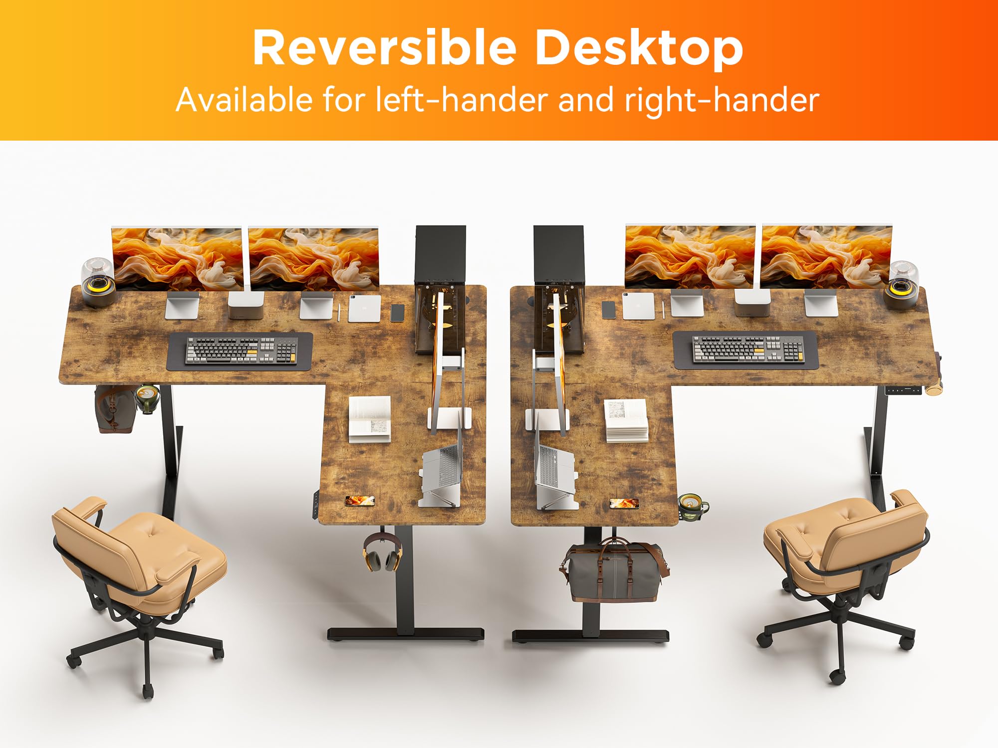63x55 Inches Electric Height Adjustable L-Shaped Standing Desk - Reversible Corner Computer Desk with Cup Holder | Ergonomic Sit Stand Home Office & Gaming Desk in Rustic Brown | Perfect for Small Spaces, Remote Work & PC Gaming Setups