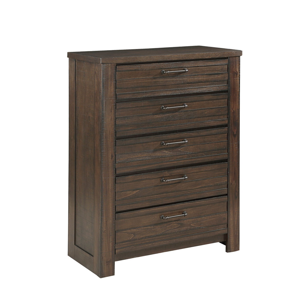 Dark Brown Birch Veneer 5-Drawer Chest with Flat Black Pulls - Stylish Storage for Bedroom, Living Room, or Office Organization