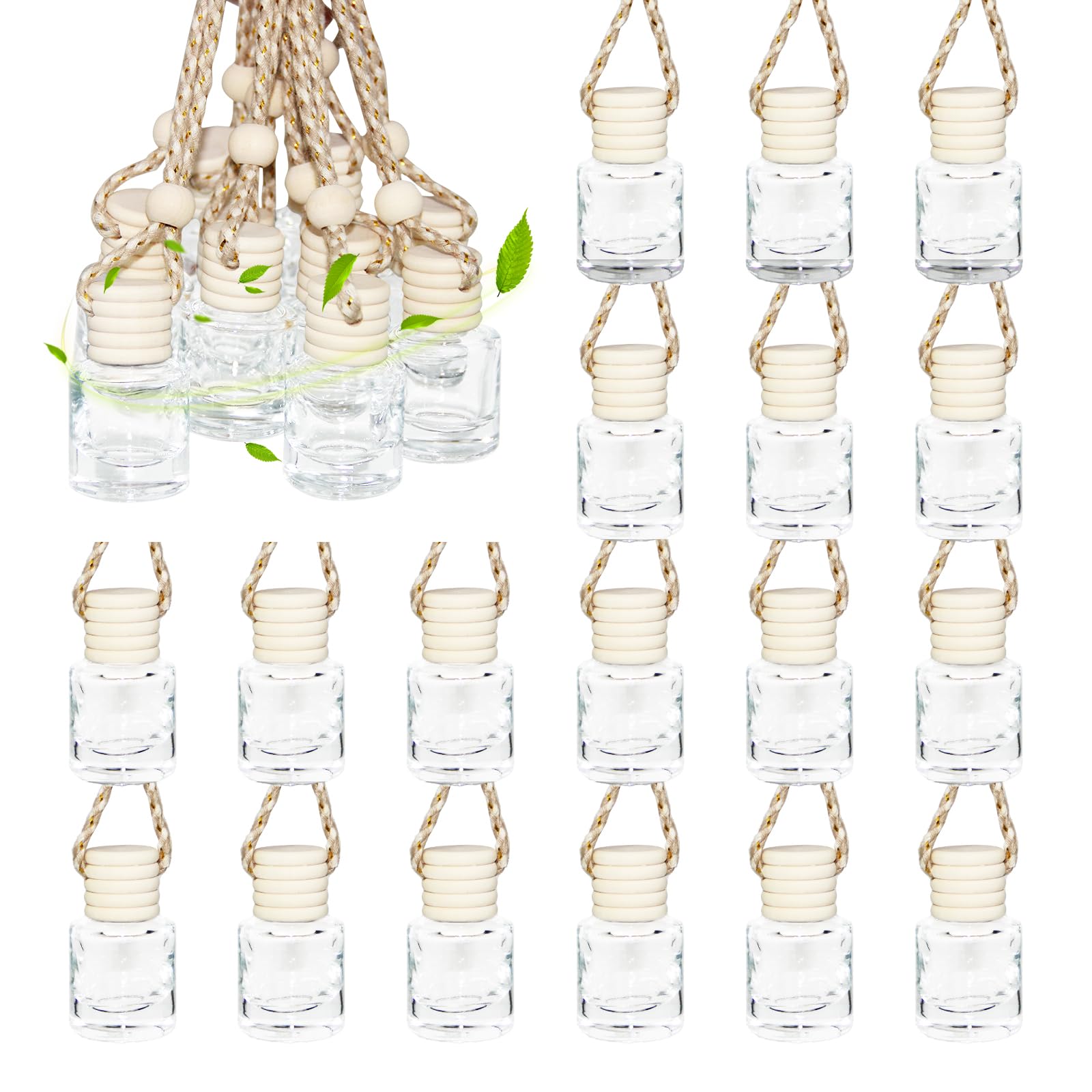 50 Pcs Empty Glass Perfume Bottles with Wooden Cap - Hanging Car Diffuser & Air Freshener for Essential Oils, Aromatherapy, Fragrance - Perfect for Car, Home, Office, and Gift Giving
