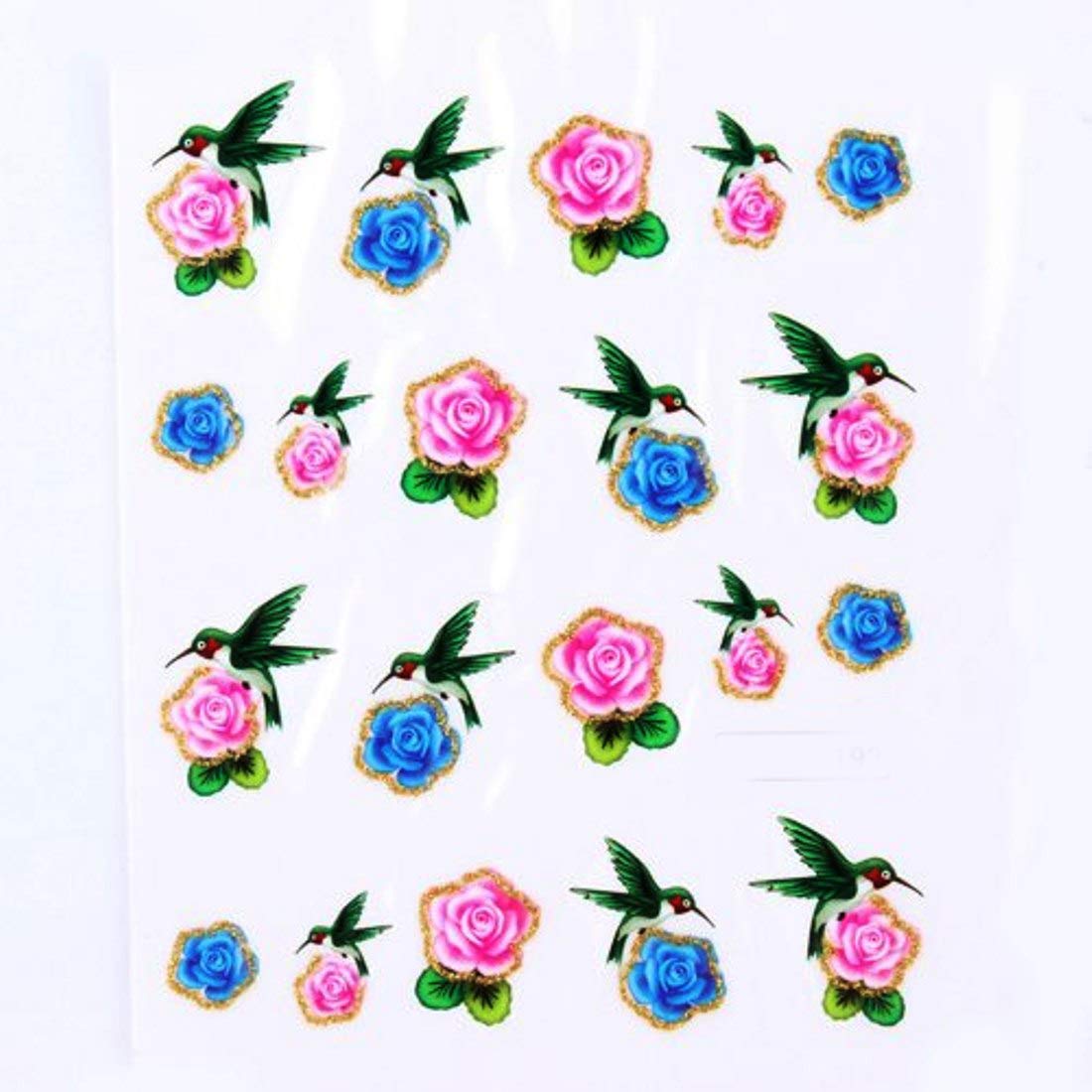 Pink Glitter Bird Flower Nail Art Decals - Water Transfer Stickers for Manicure (6.2x5.2cm) - Perfect for Spring Nail Designs, DIY Home Salon & Party Nail Art