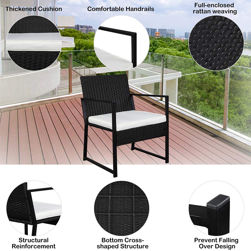 3-Piece Outdoor Patio Furniture Set - Portable Rattan Table & Chairs with Cushions - Perfect for Backyard, Garden, Balcony, Poolside & Porch - Black Conversation Set for Relaxing & Entertaining