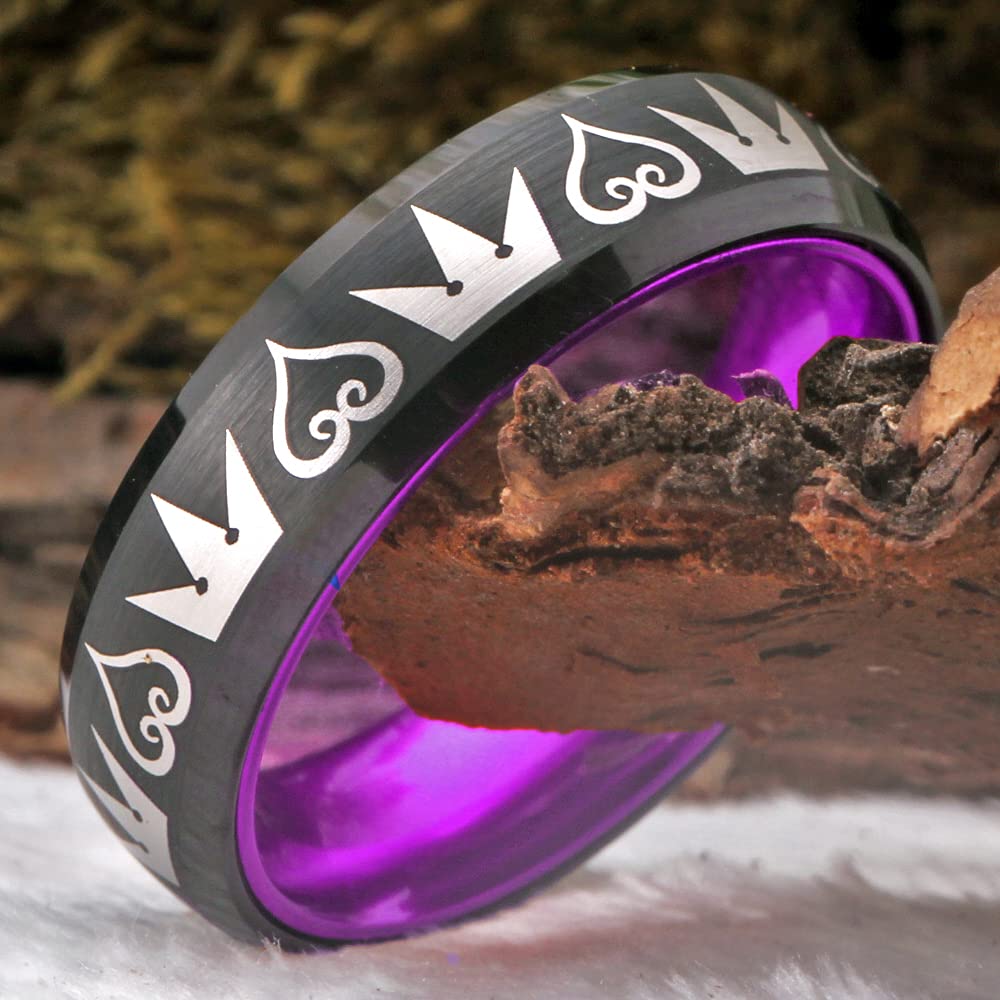 Kingdom Hearts & Crowns Design Cosplay Ring - 8mm Wide Red & Black Tungsten Wedding Band with Matte Finish & Beveled Edges - Free Custom Engraving - Perfect for Cosplay, Costume Parties, and Gothic Weddings