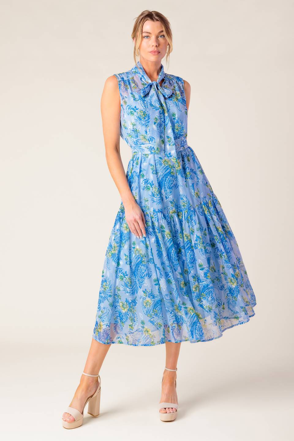 EVER AFTER BOW TIE MIDI DRESS in Powder Blue - Elegant A-Line Flowy Formal Dress for Weddings, Parties & Special Occasions