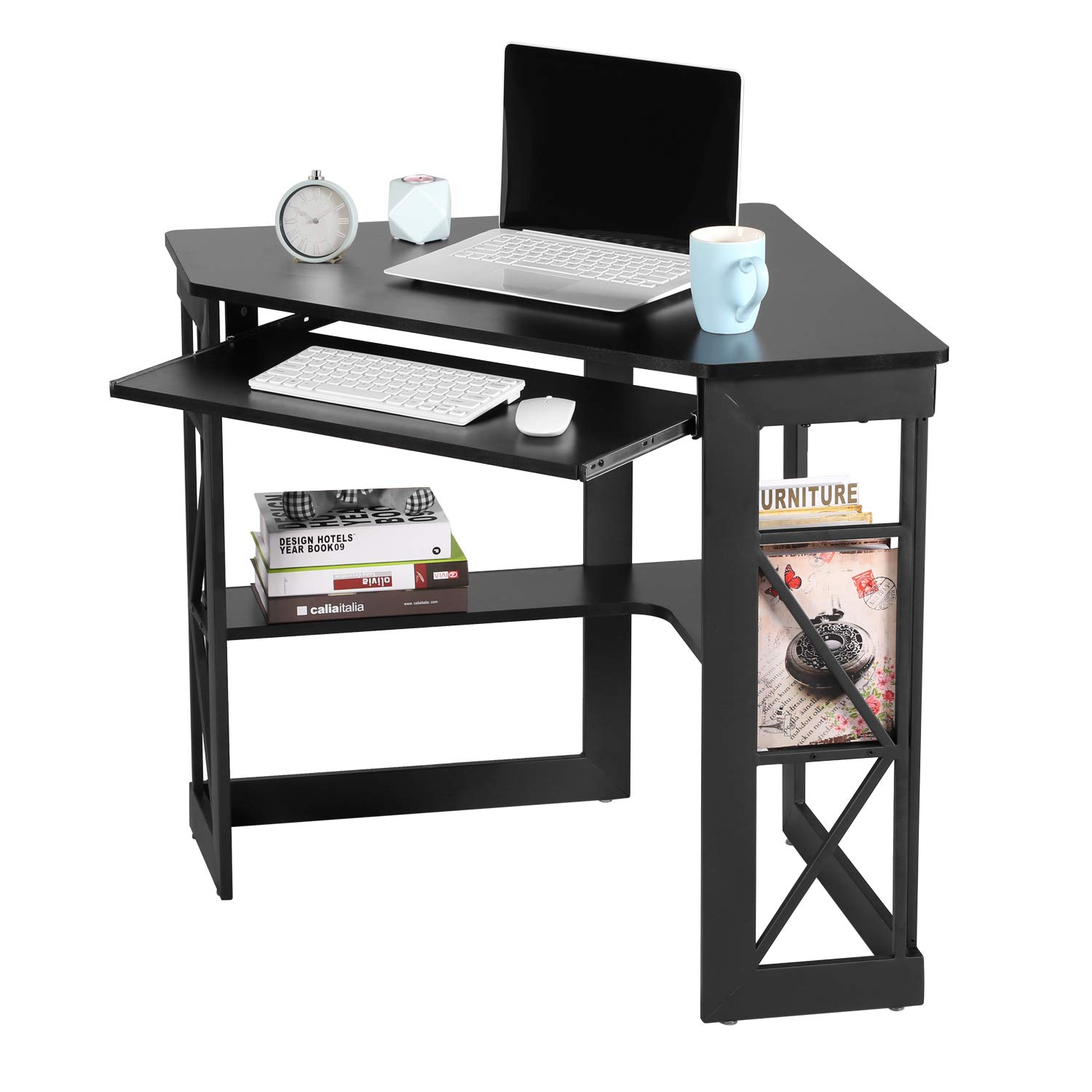 VECELO Compact Corner Desk with Keyboard Tray & Storage Shelves - Black Triangle Computer Desk for Home Office, Gaming & Small Spaces | Writing Table with Smooth Surface & Ergonomic Design