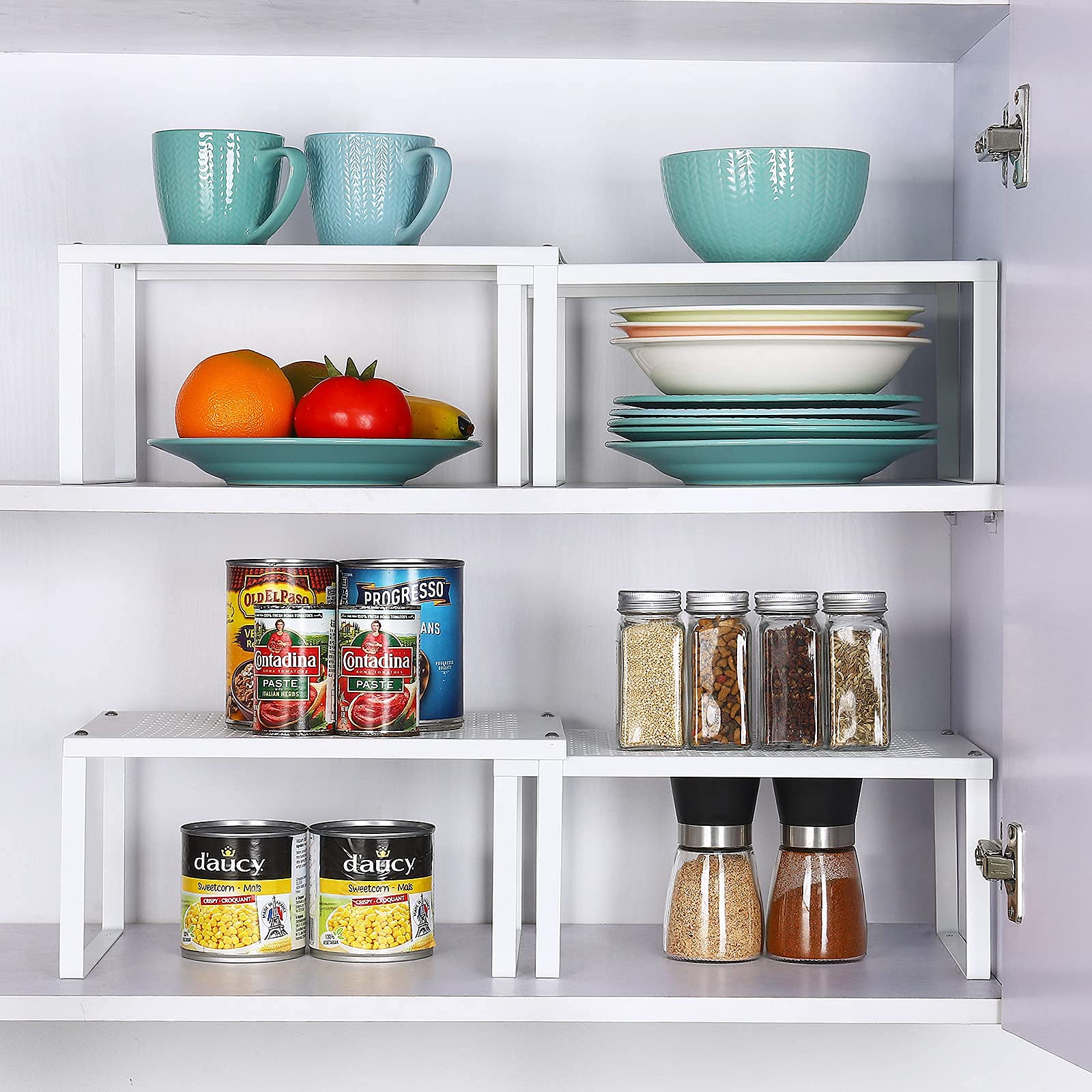 MOOACE Expandable Stackable Kitchen Cabinet Organizer Set of 4 - White Spice Rack & Pantry Shelf for Counter Storage - Perfect for Small Spaces, Kitchen Organization & Clutter-Free Countertops