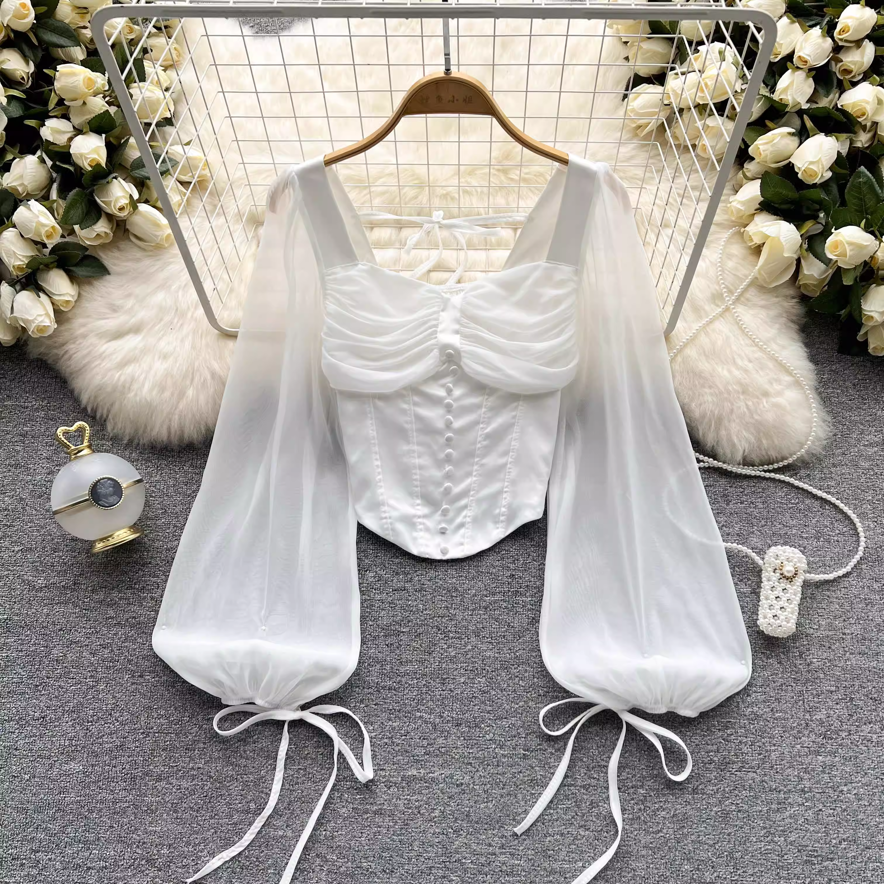 French Sweet Mesh Puff Sleeve Short Chiffon Blouse - Women's Elegant Summer Casual Top - Perfect for Date Night, Office Wear & Beach Cover-Up