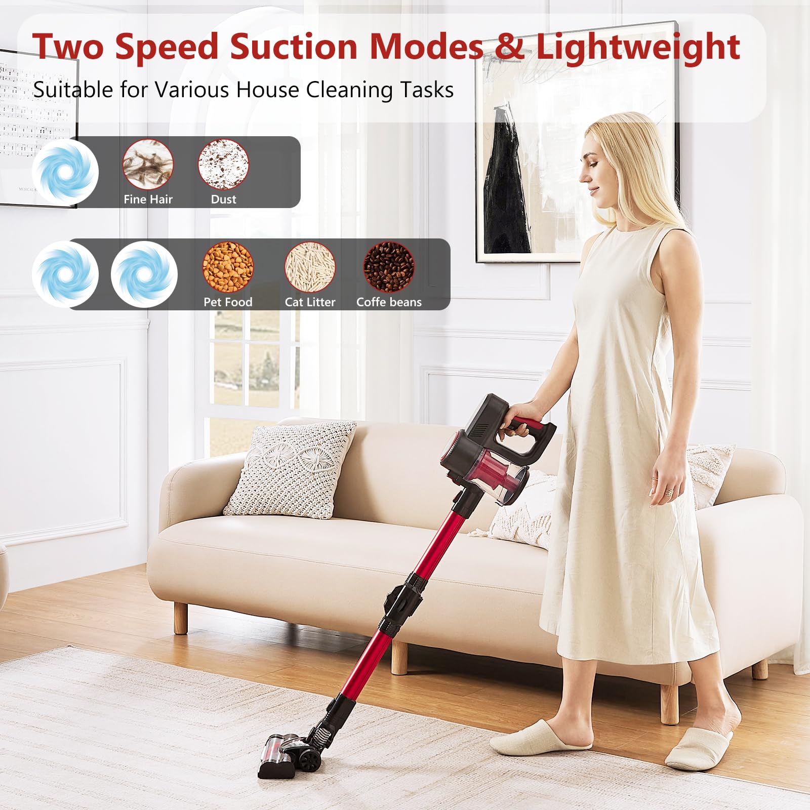 Powerful Cordless Stick Vacuum Cleaner with 2000mAh Battery - 40Min Runtime, 4-in-1 Lightweight Handheld Vacuum for Hardwood Floors, Carpets & Pet Hair - Perfect for Home Cleaning, Quick Pickup & Pet Owners