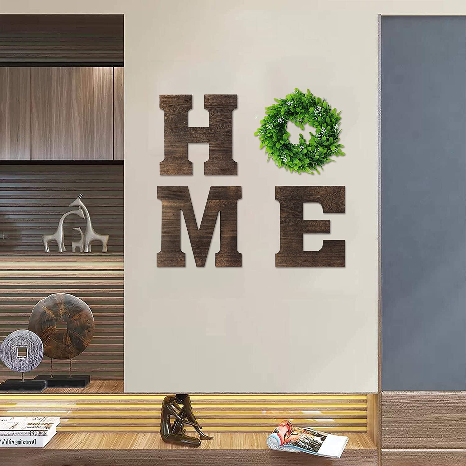 Wooden Home Sign with Wreath - Farmhouse Wall Decor for Living Room, Bedroom & Kitchen
