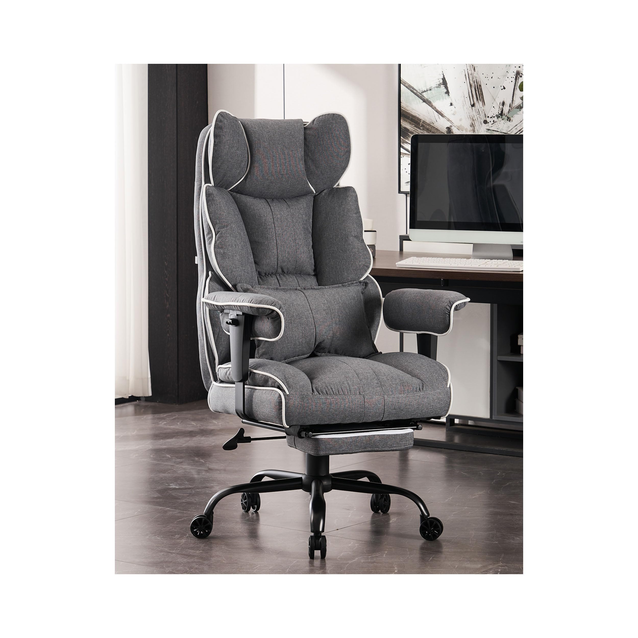 Efomao Fabric Office Chair - Big and Tall Executive Chair with 400 lb Weight Capacity, High Back Ergonomic Design & Foot Rest - Gray - Perfect for Home Office, Gaming, and Back Pain Relief