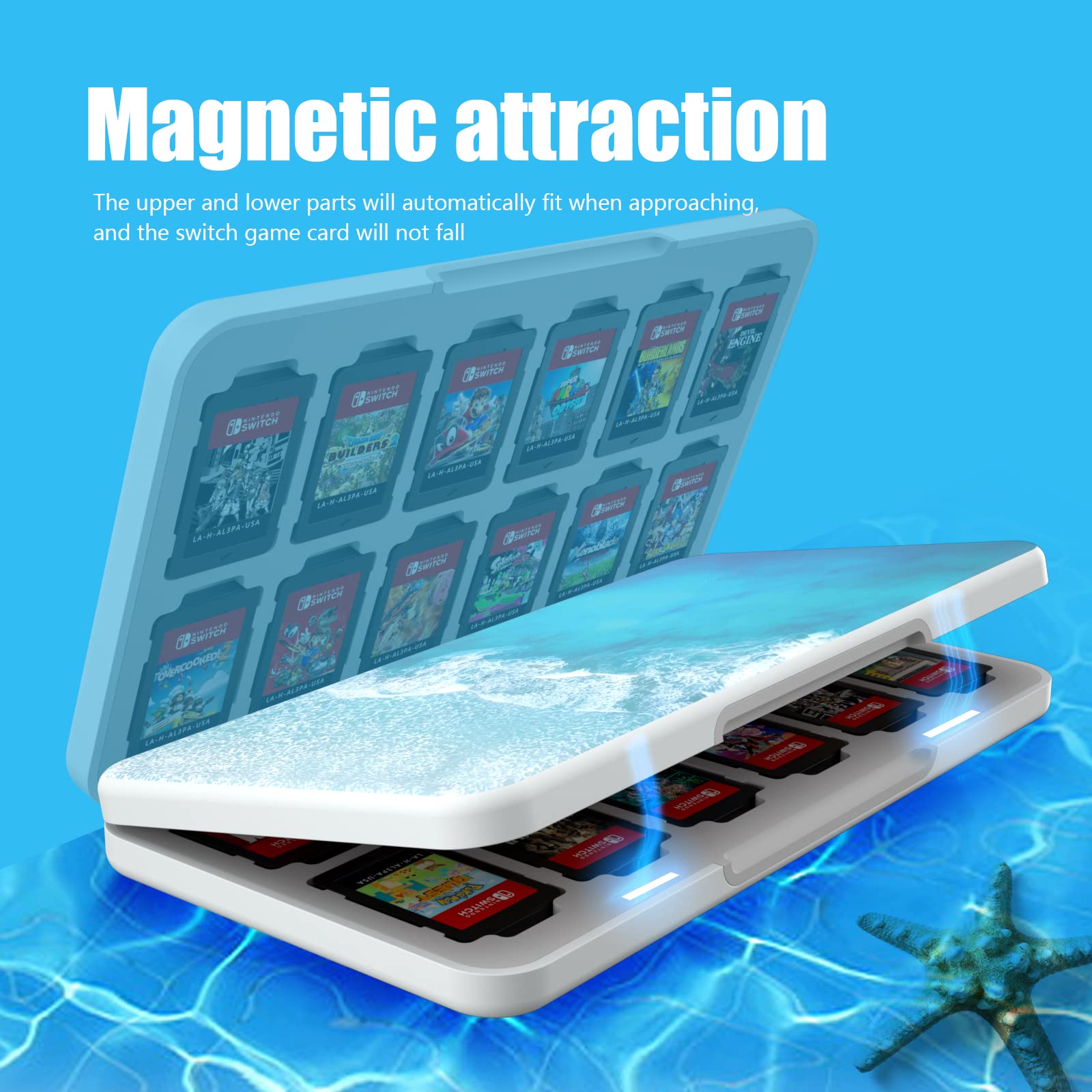 Nintendo Switch and Switch OLED Game Card Holder - 24 Game Slots & Micro SD Storage - Waterproof Sea Themed Cartridge Case for Travel & Home Organization