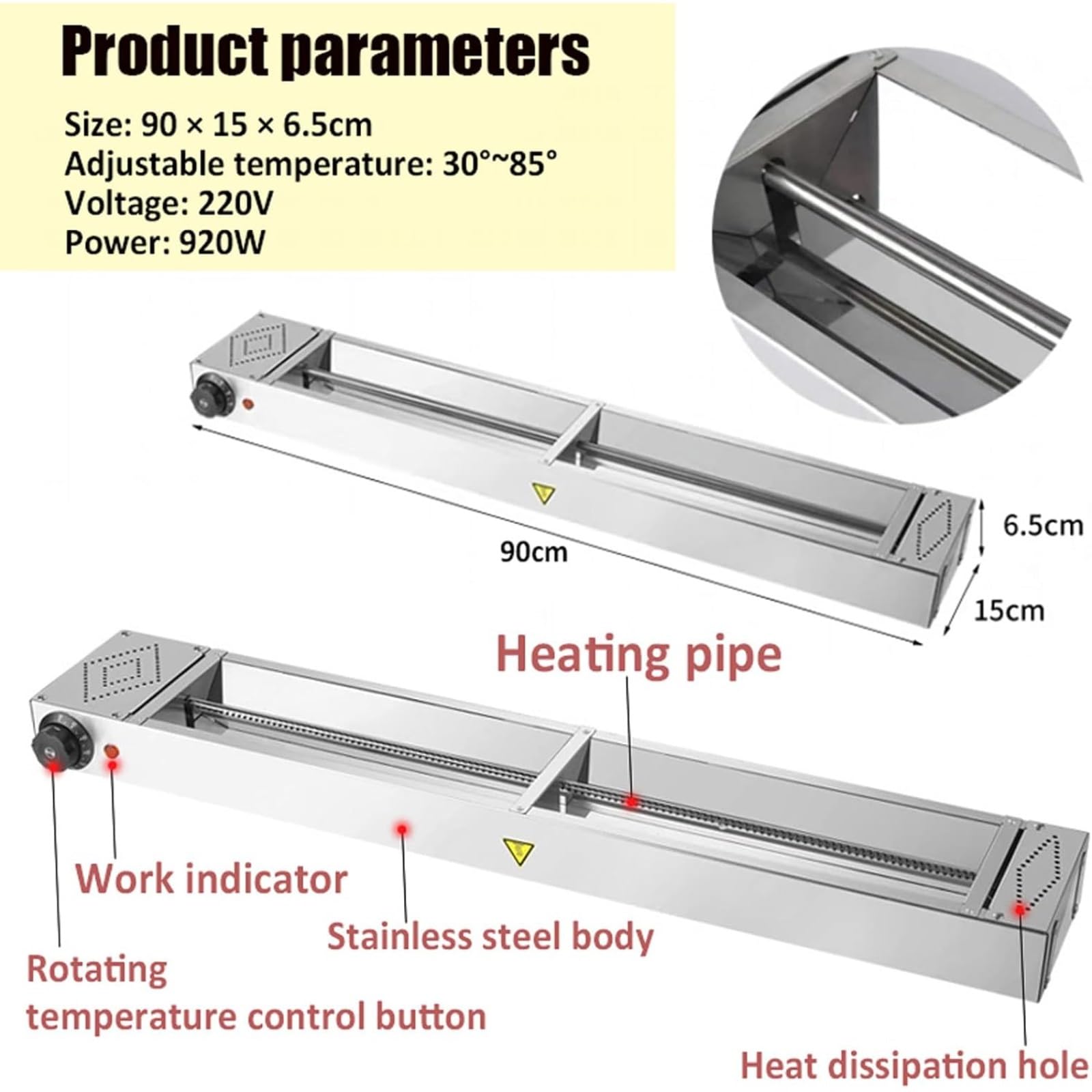 Stainless Steel Adjustable Food Heat Lamp for Kitchen & Buffet - 30-85°C Hanging Food Warmer with 120x15x6.5cm Size - Perfect for Restaurants, Catering & Food Display