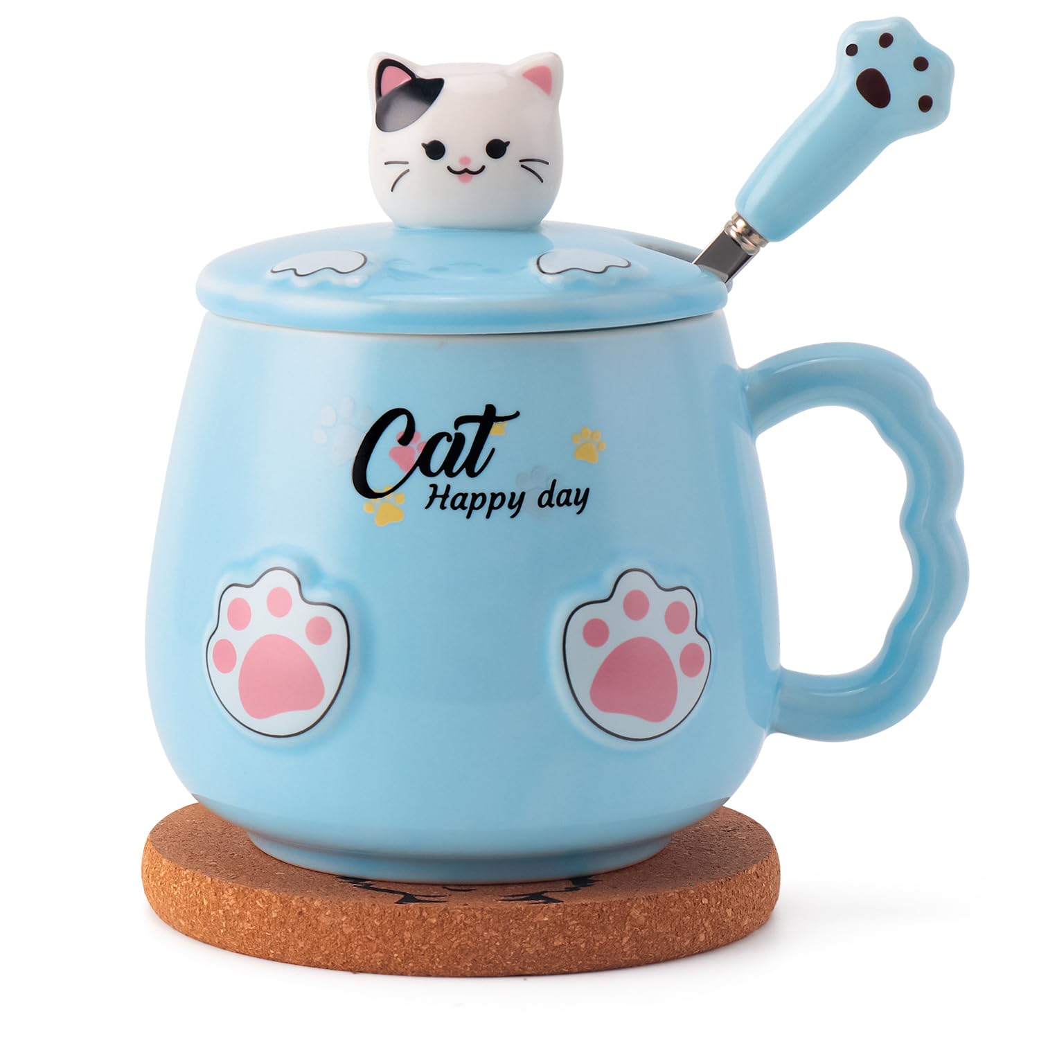 14oz Cute Cat Mug with Kitty Lid & Claw Spoon - Kawaii Ceramic Coffee Tea Cup Set with Anime Cat Coaster - Perfect Birthday Christmas Gift for Cat Lovers - Ideal for Home Office Use & Cat-Themed Parties (Blue)