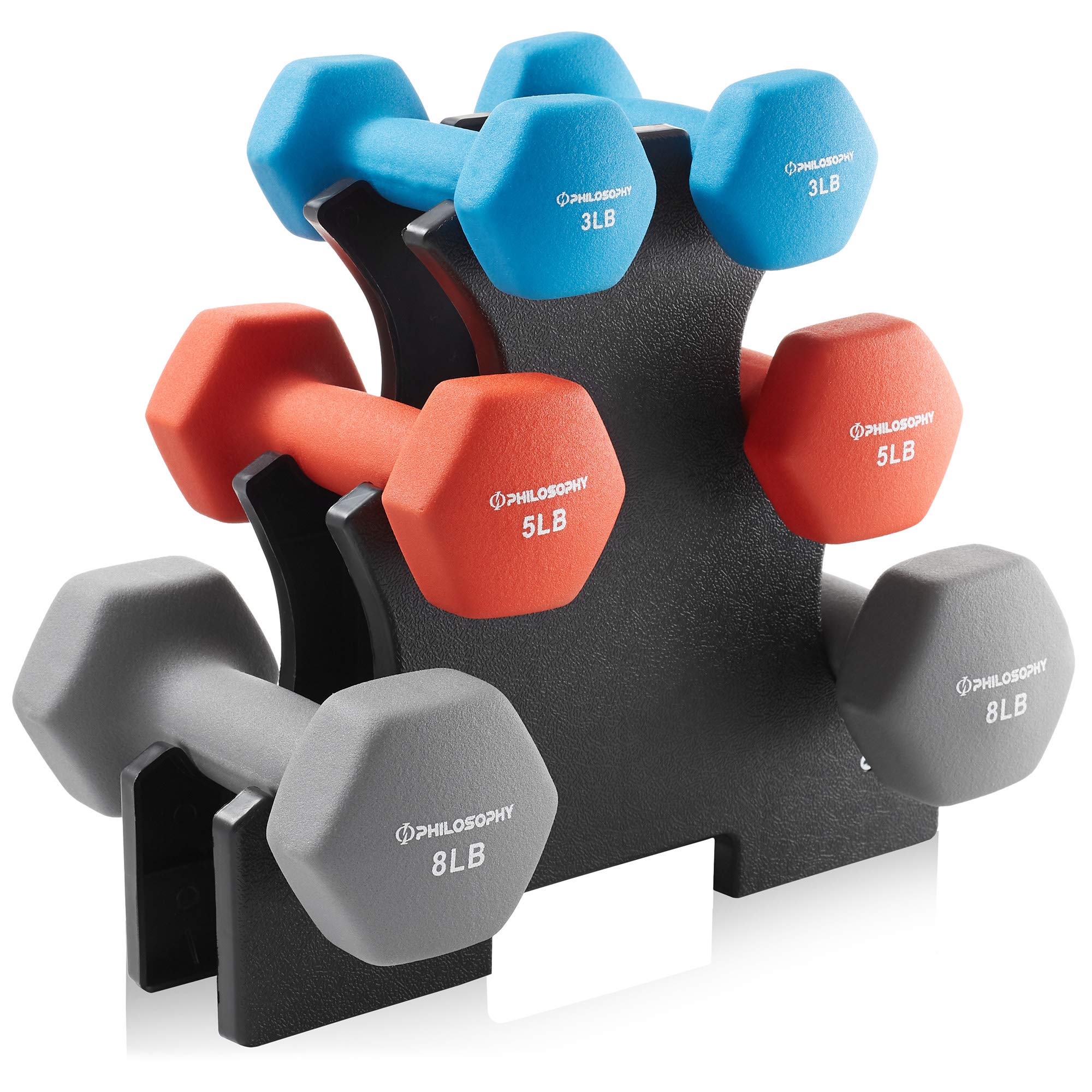 Philosophy Gym Neoprene Dumbbell Hand Weights Set of 6 with Stand - Home Workout Equipment for Strength Training, Toning & Fitness | Perfect for Home Gym, Office & Small Spaces