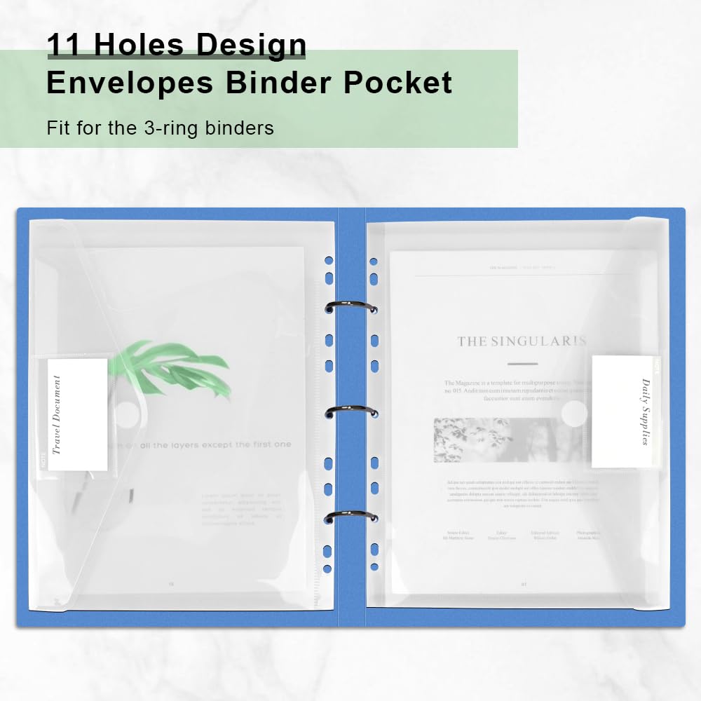 6-Pack Clear Heavyweight Poly Binder Folders with Velcro Closure - 11-Hole Side Loading File Organizers, Letter Size with Label Pocket for School, Office & Home Use - Perfect for Document Storage, Student Supplies and Workplace Organization